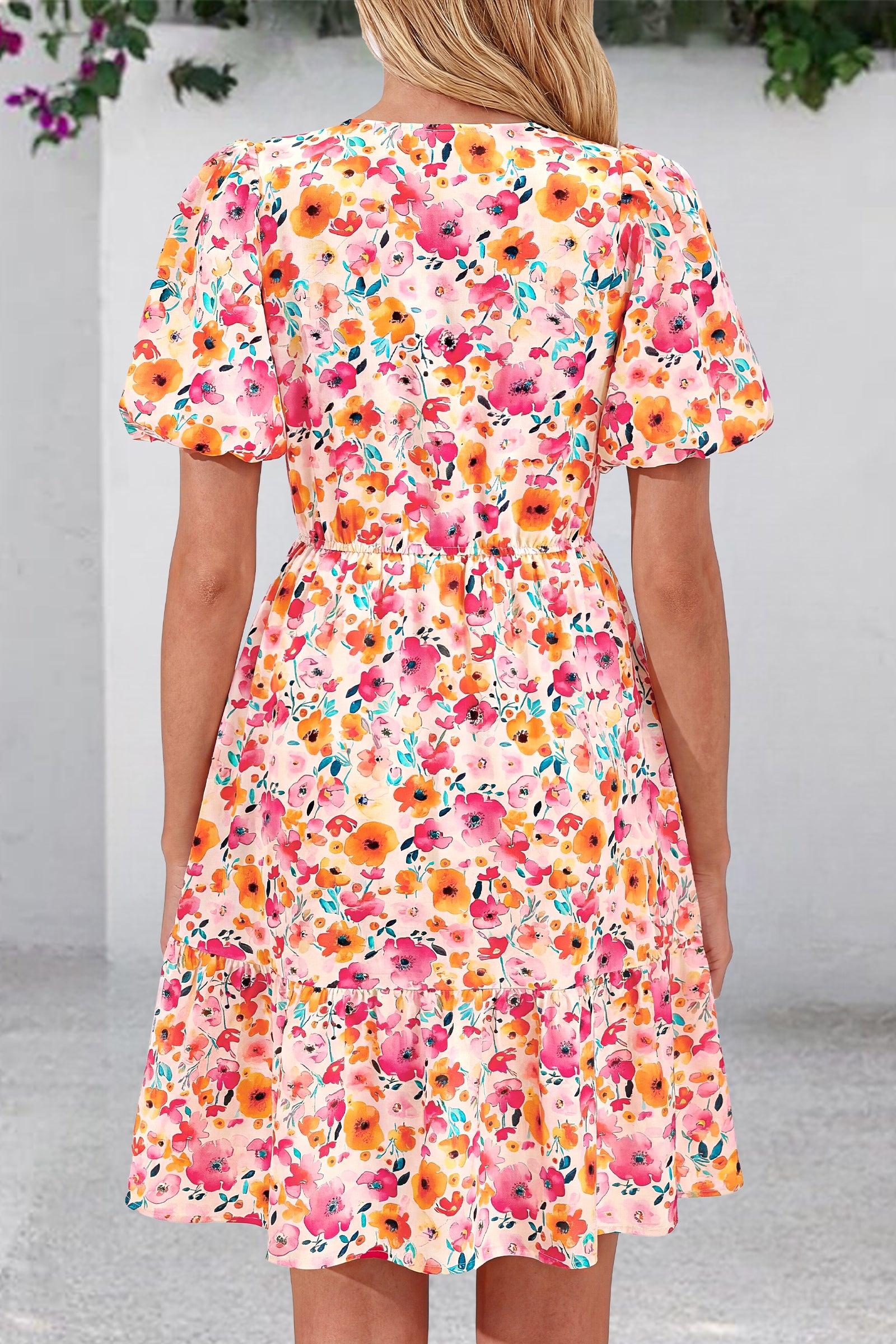 dowerme Women Summer Casual Dresses 2026 Puff Short Sleeve V Neck Floral Boho Midi Dress Flowy Ruffle Spring Sundress