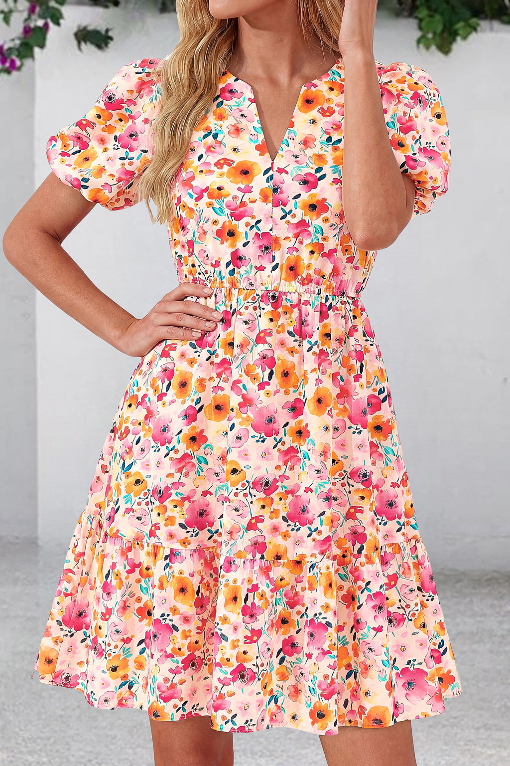 dowerme Women Summer Casual Dresses 2026 Puff Short Sleeve V Neck Floral Boho Midi Dress Flowy Ruffle Spring Sundress