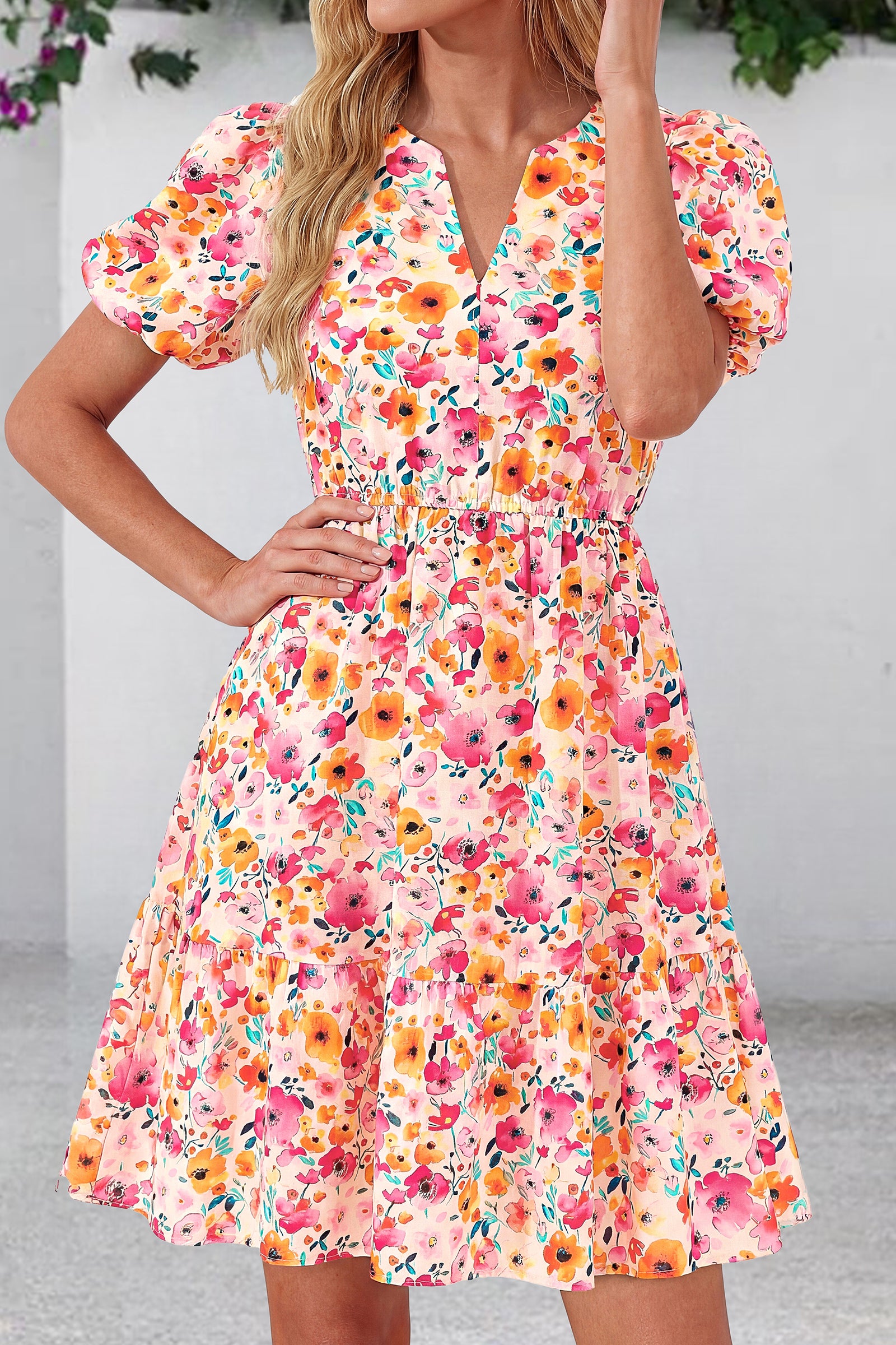 dowerme Women Summer Casual Dresses 2026 Puff Short Sleeve V Neck Floral Boho Midi Dress Flowy Ruffle Spring Sundress
