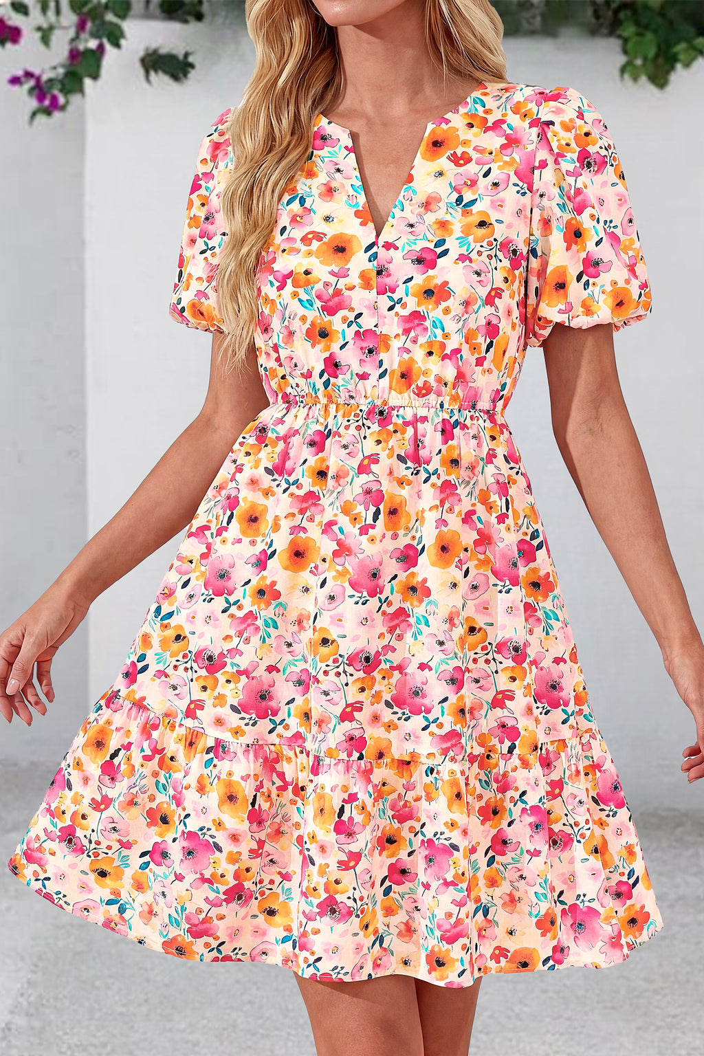 dowerme Women Summer Casual Dresses 2026 Puff Short Sleeve V Neck Floral Boho Midi Dress Flowy Ruffle Spring Sundress