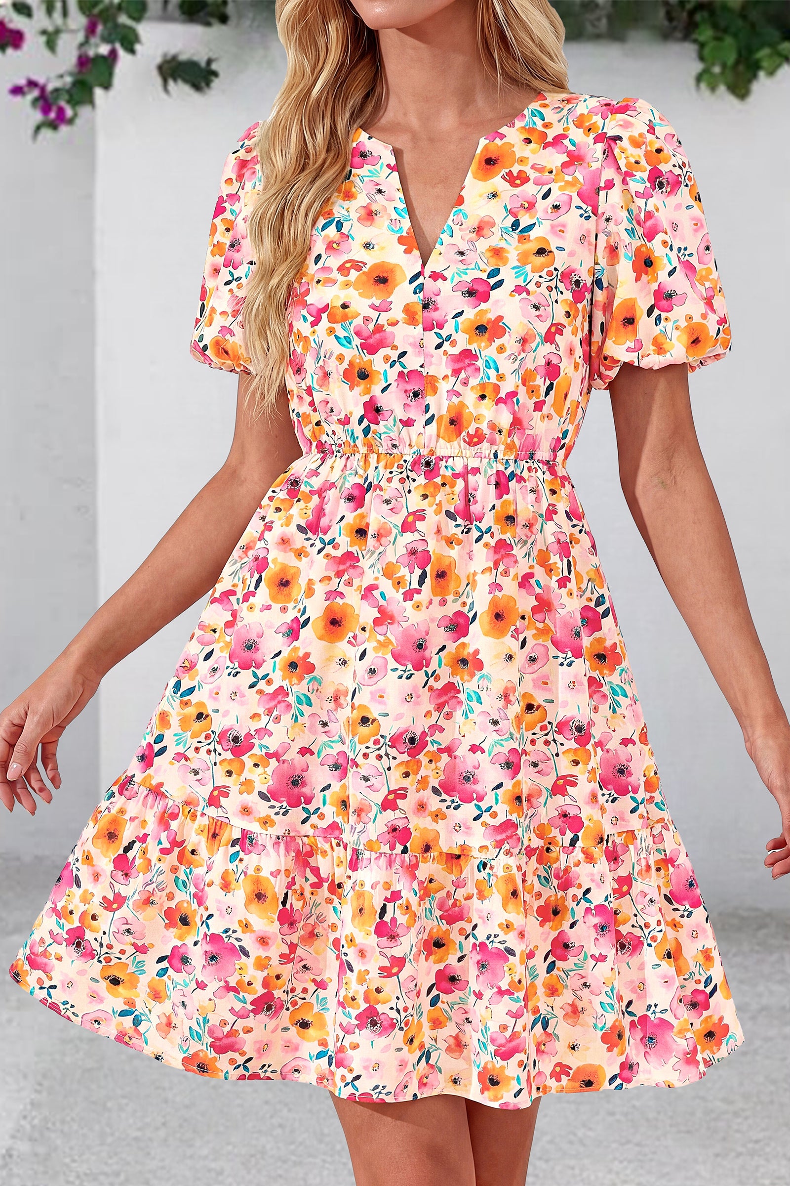 dowerme Women Summer Casual Dresses 2026 Puff Short Sleeve V Neck Floral Boho Midi Dress Flowy Ruffle Spring Sundress