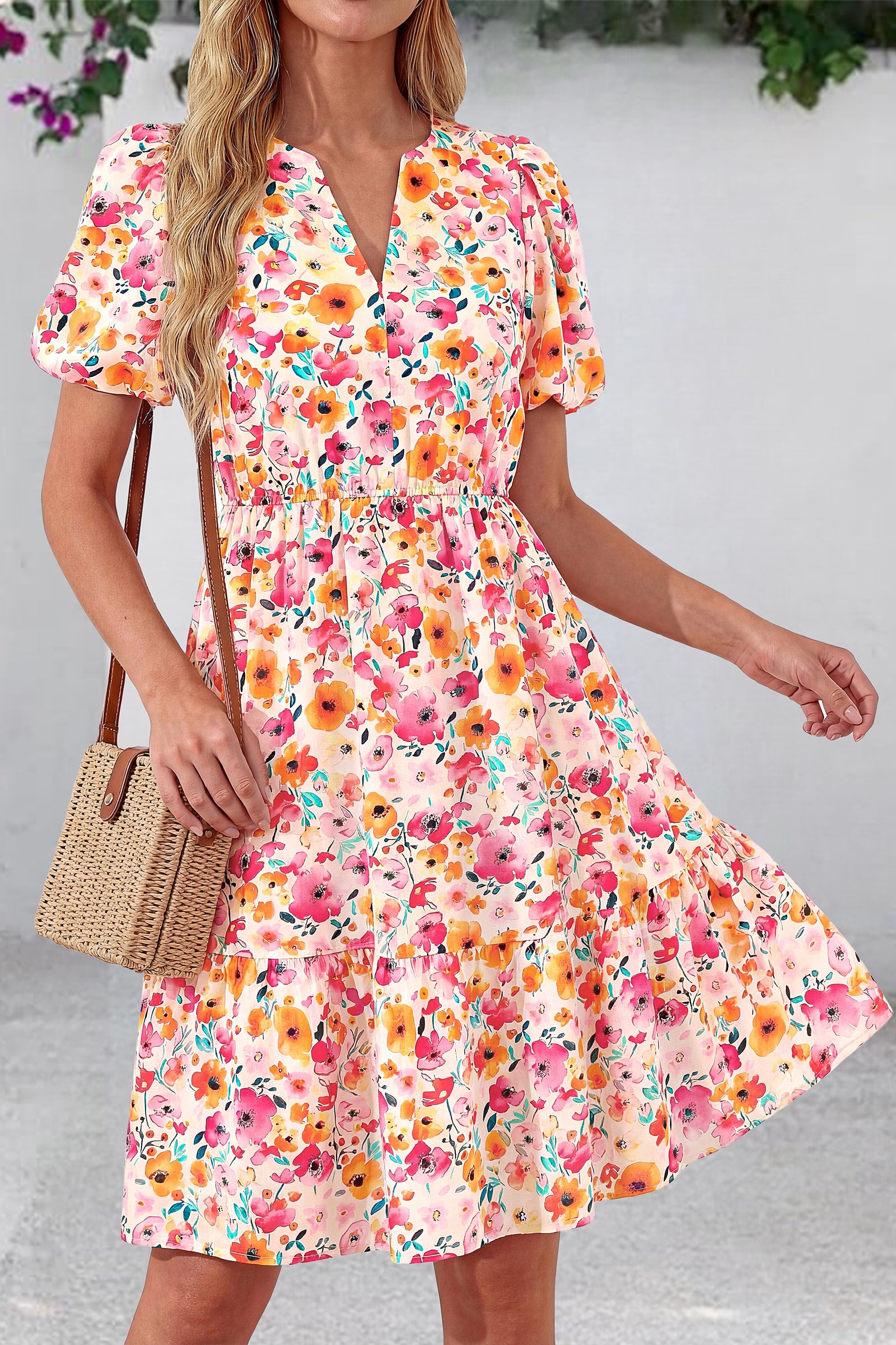 dowerme Women Summer Casual Dresses 2026 Puff Short Sleeve V Neck Floral Boho Midi Dress Flowy Ruffle Spring Sundress