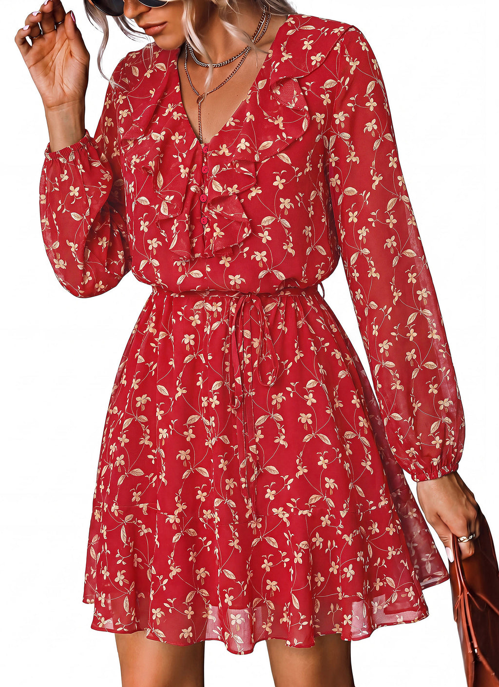 dowerme Women Belted Floral Polka Dot Mini Dress