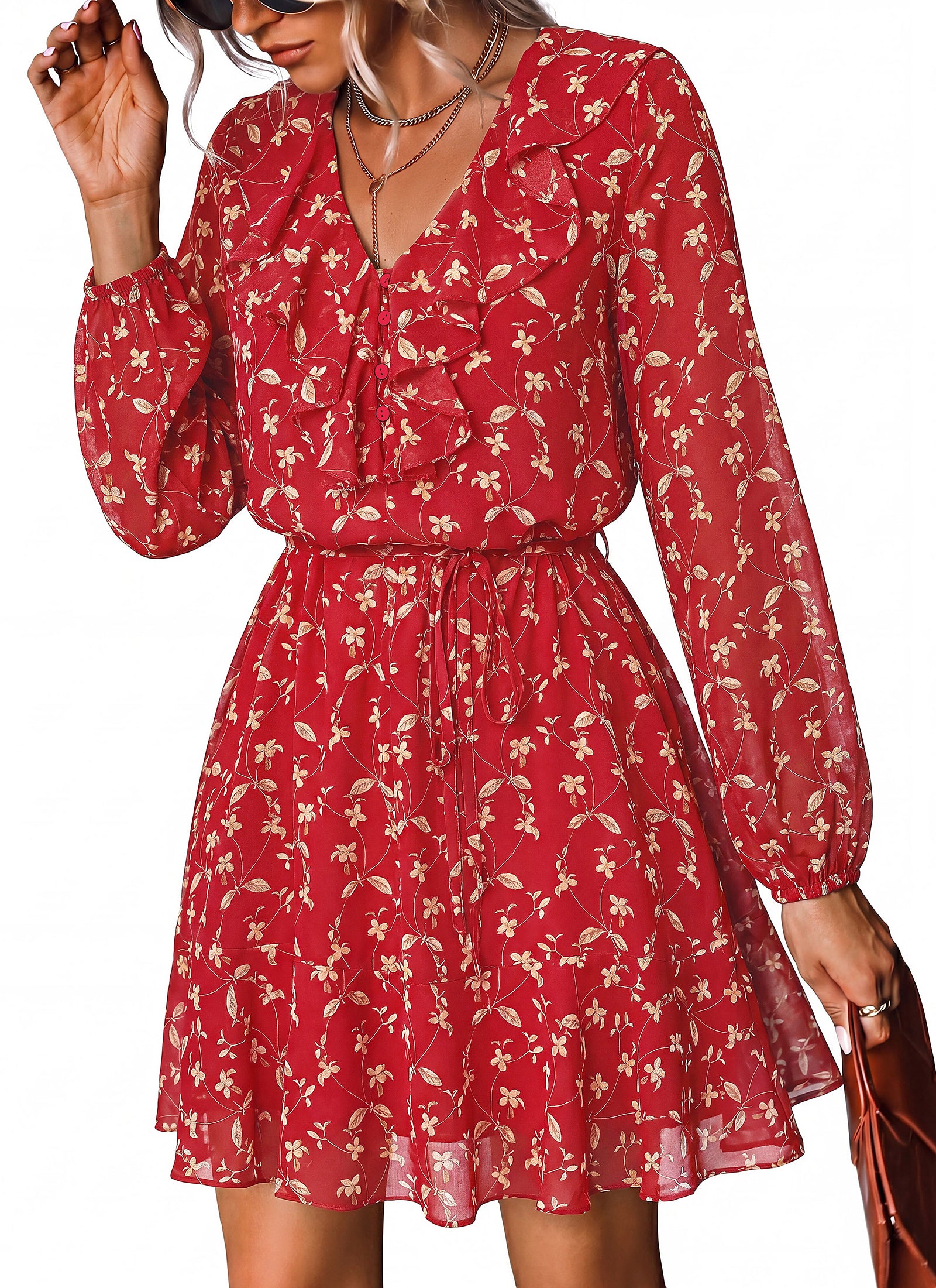 dowerme Women Belted Floral Polka Dot Mini Dress