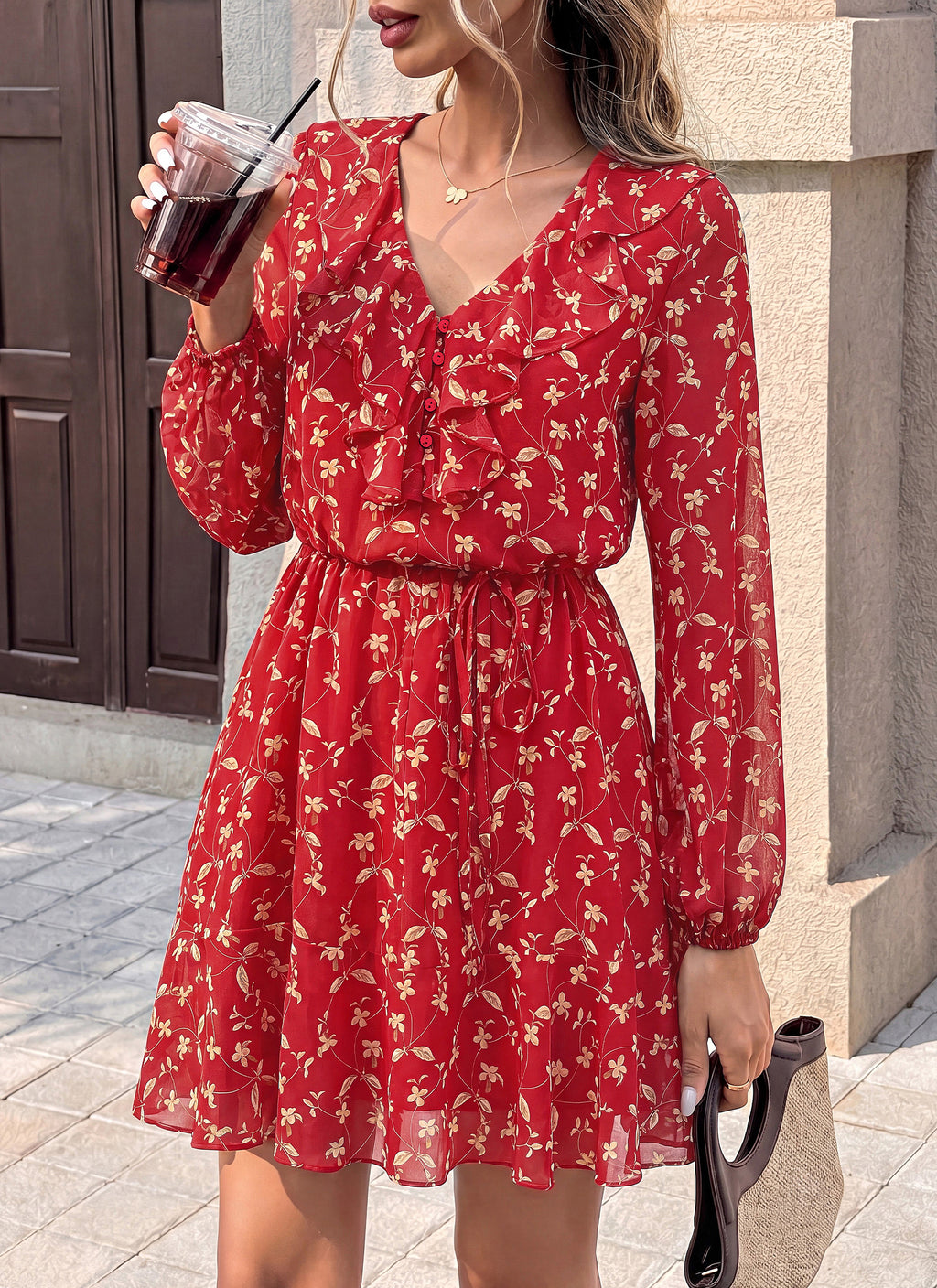 dowerme Women Belted Floral Polka Dot Mini Dress
