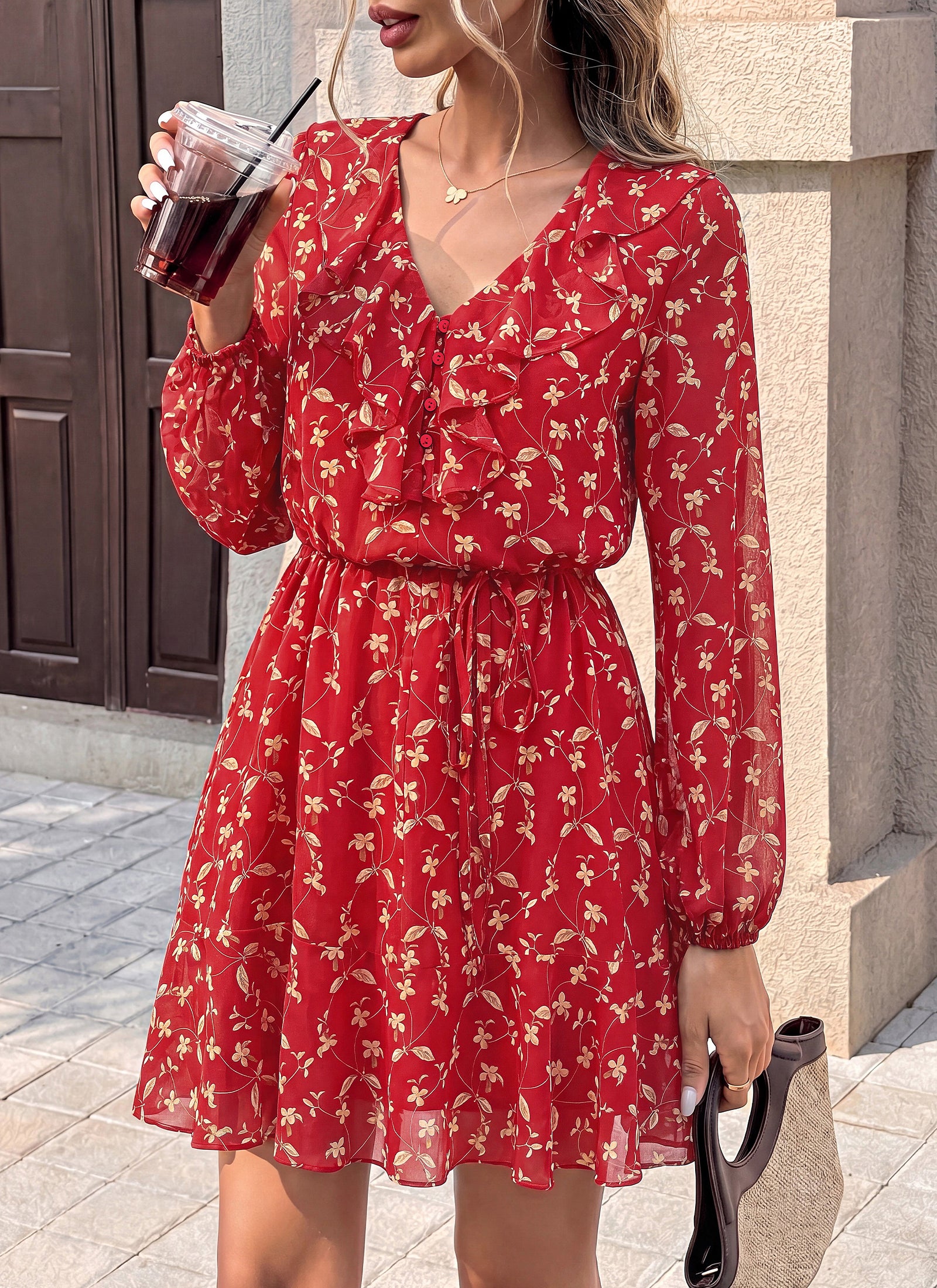 dowerme Women Belted Floral Polka Dot Mini Dress