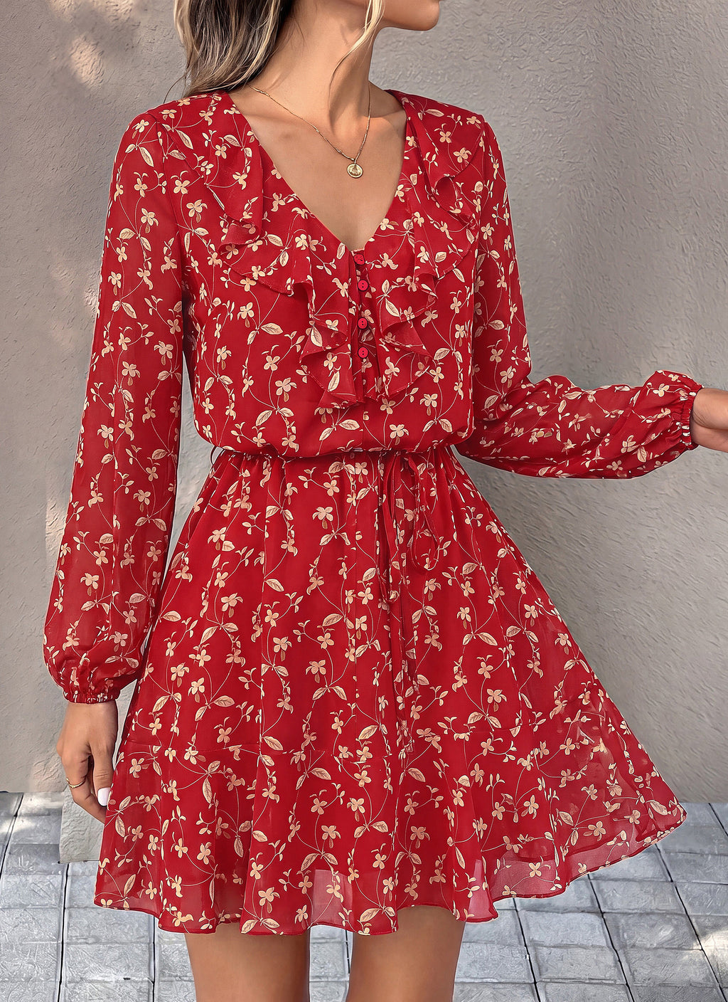 dowerme Women Belted Floral Polka Dot Mini Dress
