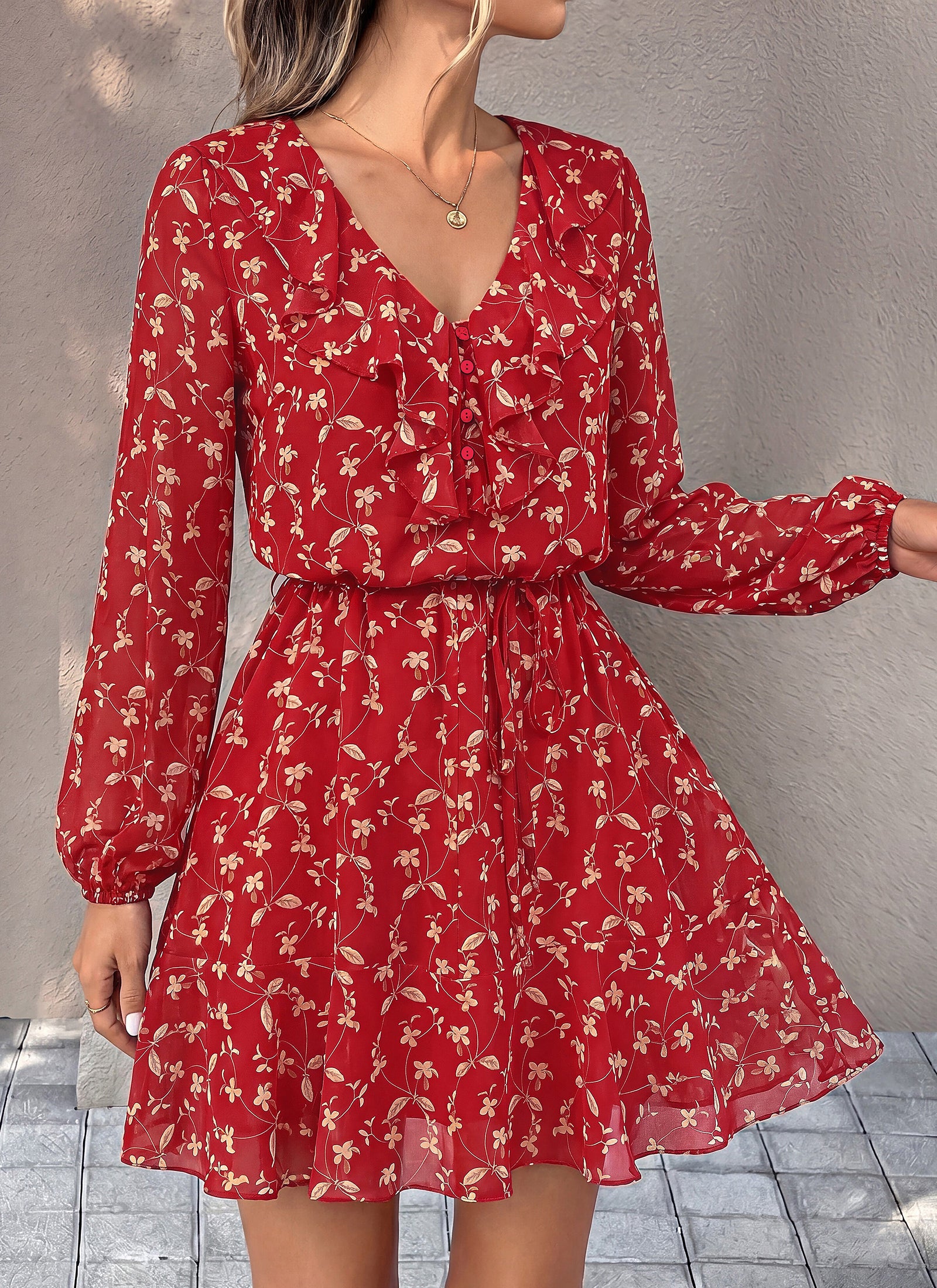 dowerme Women Belted Floral Polka Dot Mini Dress
