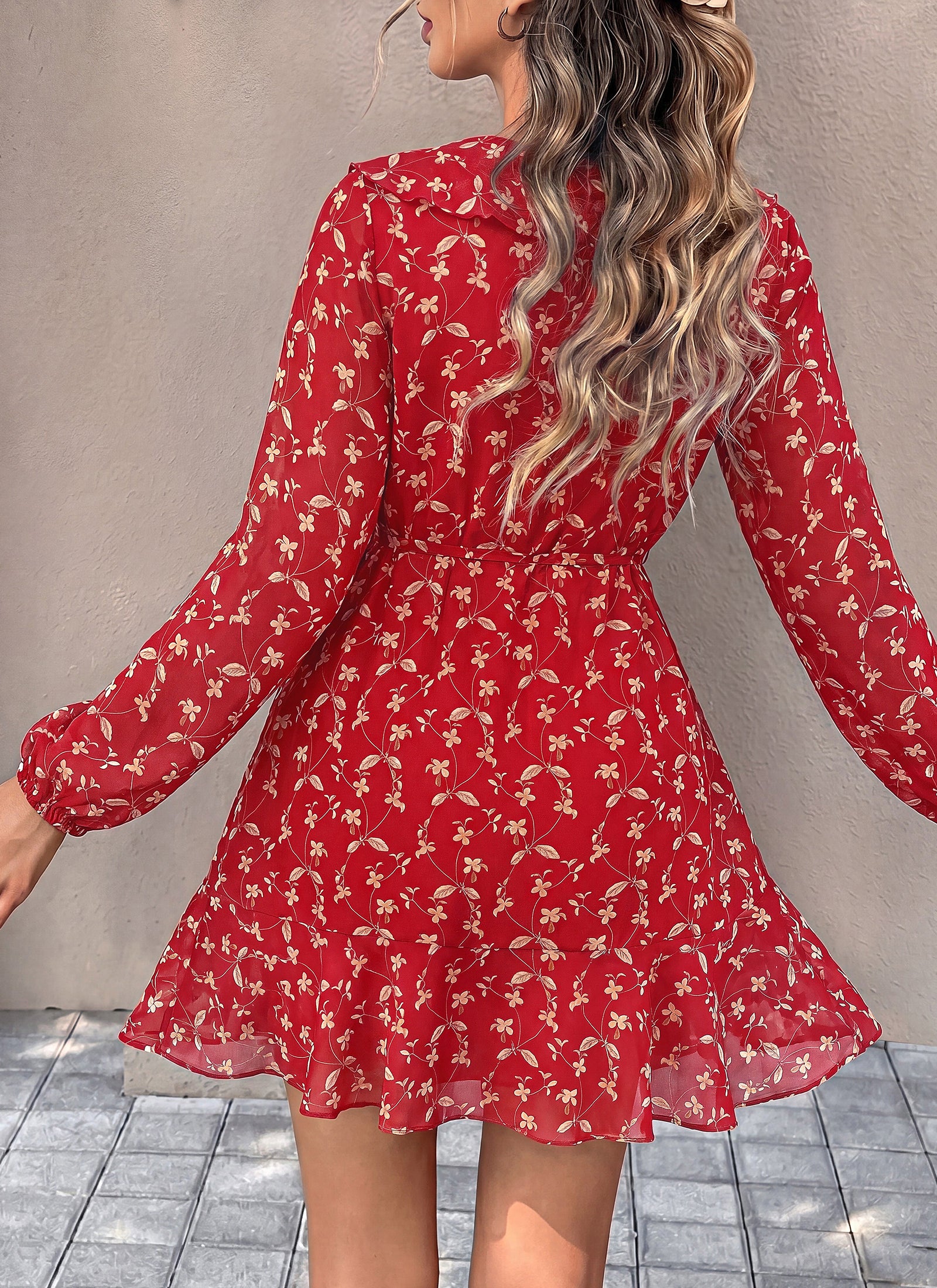 dowerme Women Belted Floral Polka Dot Mini Dress