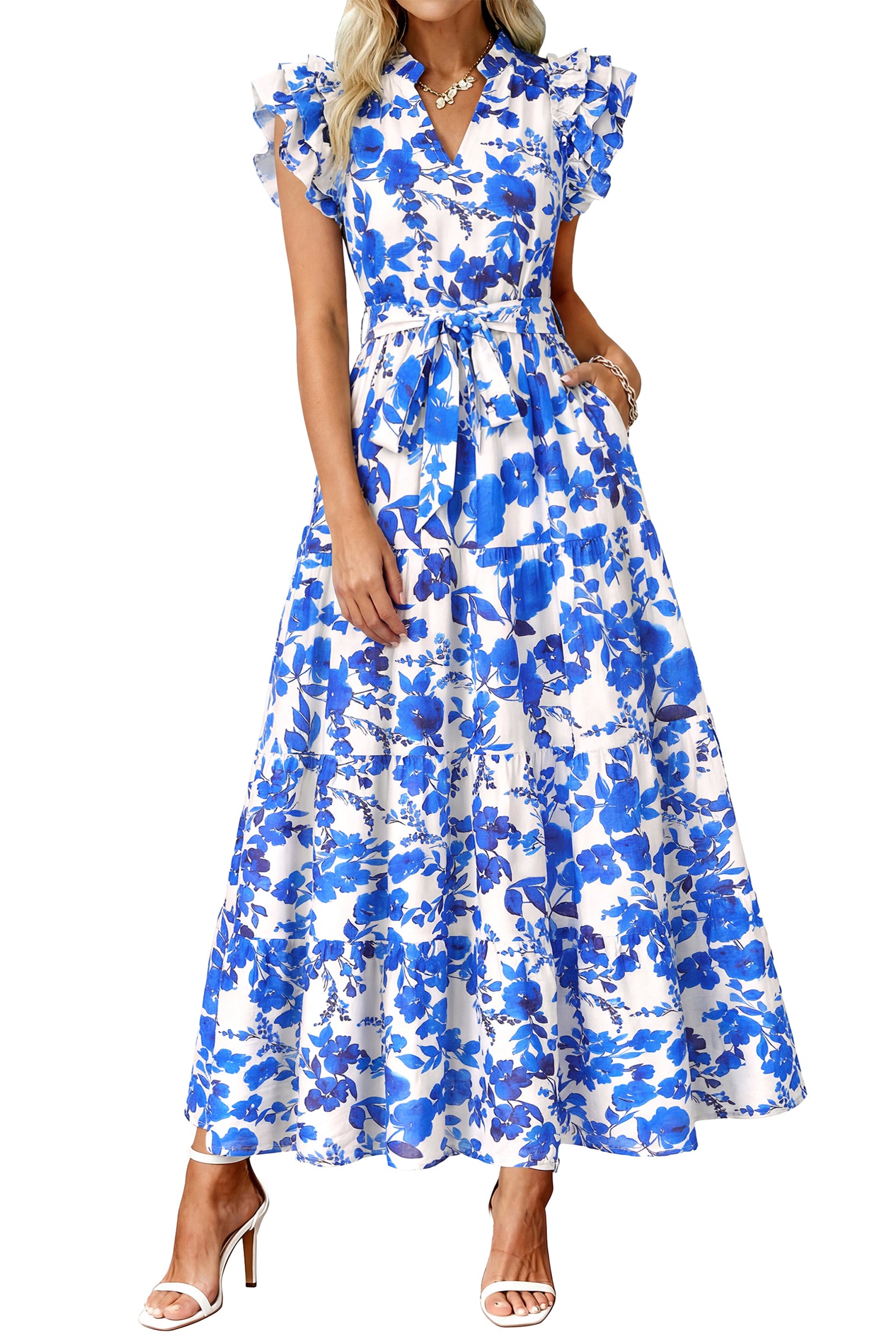 dowerme Women Summer Maxi Dresses 2026 Ruffle Sleeve V Neck Floral Boho Long Dress Belted Tiered Sundress With Pockets