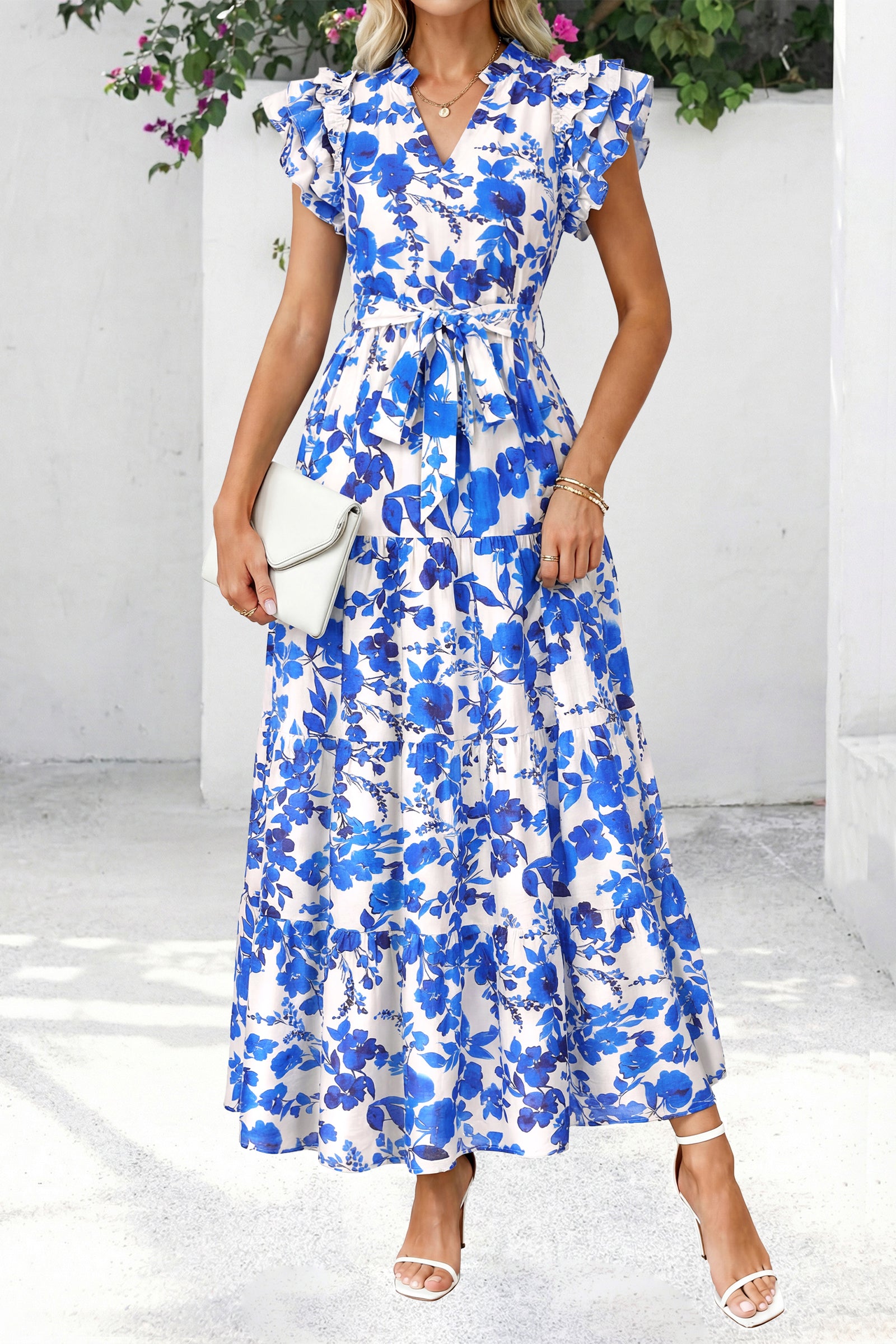 dowerme Women Summer Maxi Dresses 2026 Ruffle Sleeve V Neck Floral Boho Long Dress Belted Tiered Sundress With Pockets