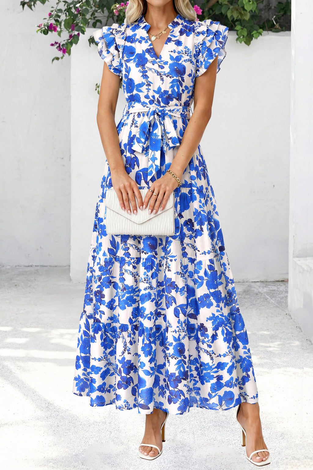 dowerme Women Summer Maxi Dresses 2026 Ruffle Sleeve V Neck Floral Boho Long Dress Belted Tiered Sundress With Pockets