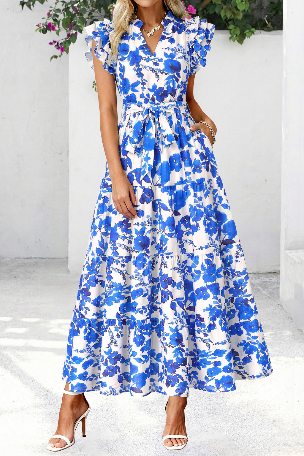 dowerme Women Summer Maxi Dresses 2026 Ruffle Sleeve V Neck Floral Boho Long Dress Belted Tiered Sundress With Pockets