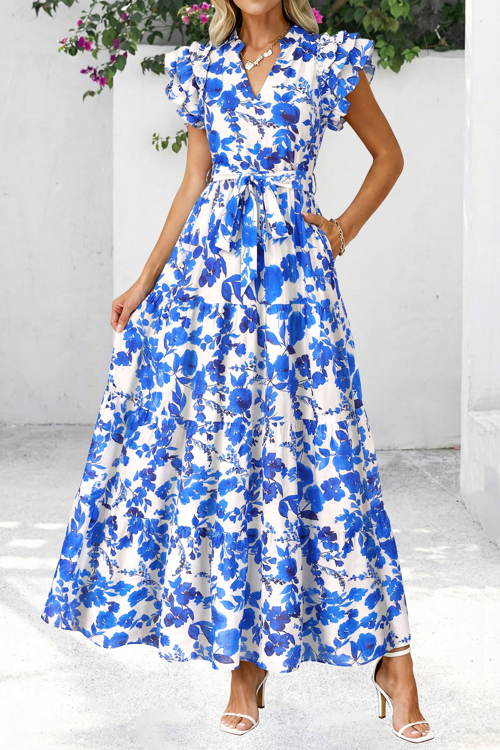 dowerme Women Summer Maxi Dresses 2026 Ruffle Sleeve V Neck Floral Boho Long Dress Belted Tiered Sundress With Pockets