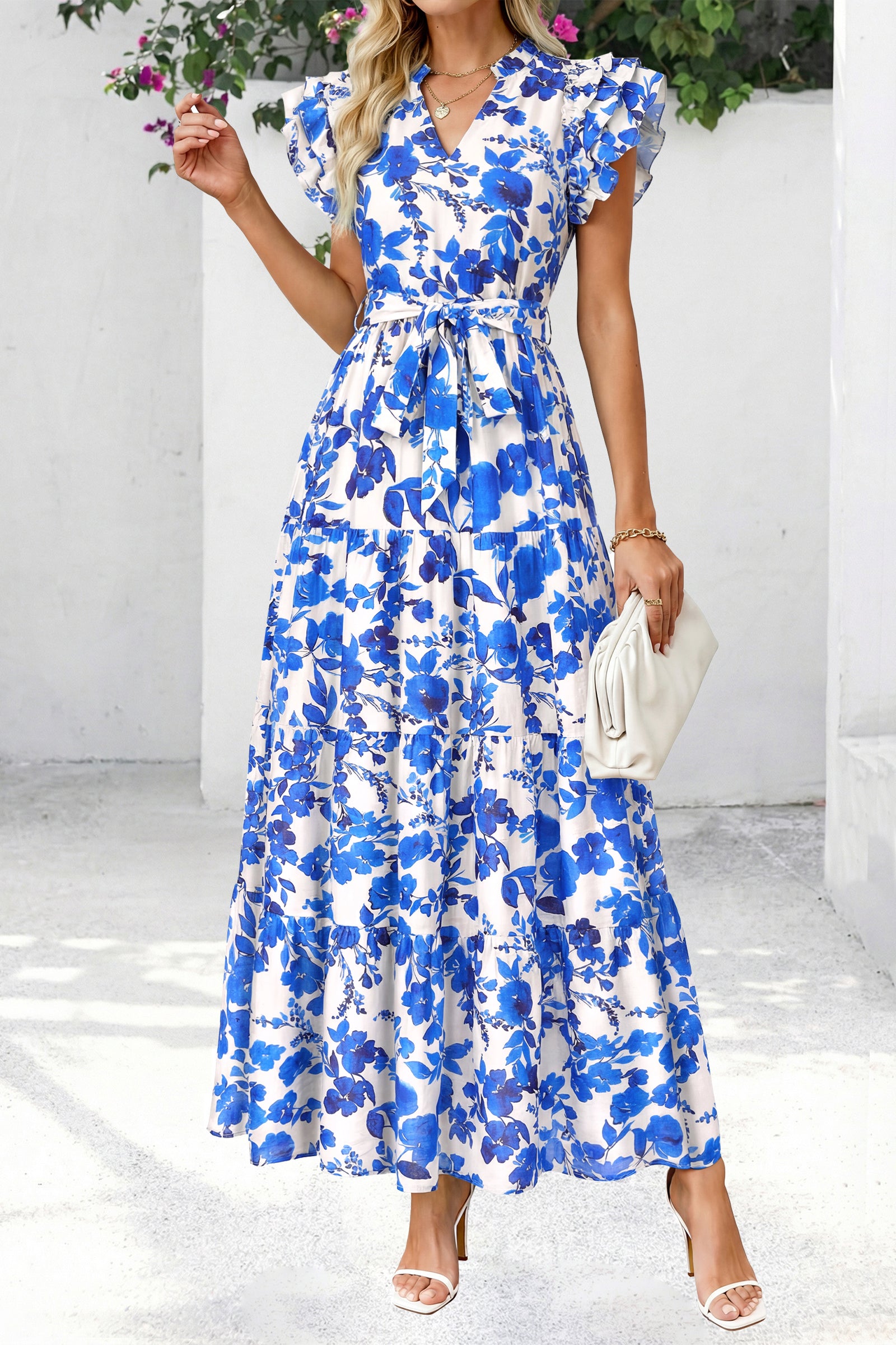 dowerme Women Summer Maxi Dresses 2026 Ruffle Sleeve V Neck Floral Boho Long Dress Belted Tiered Sundress With Pockets