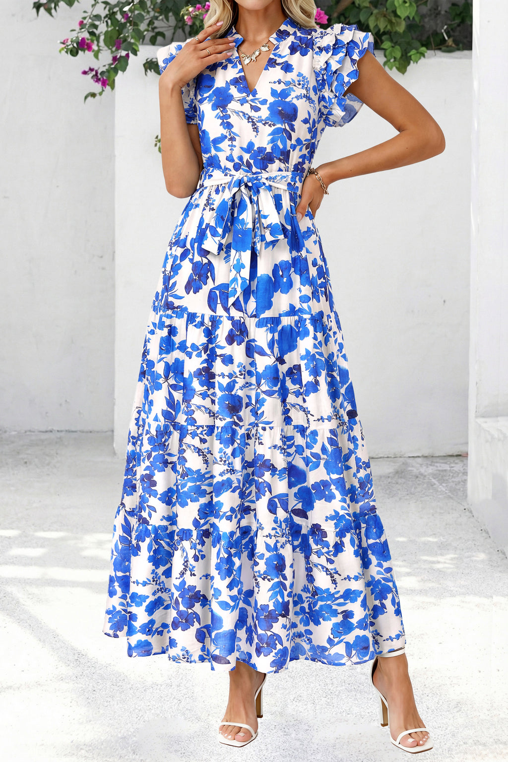 dowerme Women Summer Maxi Dresses 2026 Ruffle Sleeve V Neck Floral Boho Long Dress Belted Tiered Sundress With Pockets