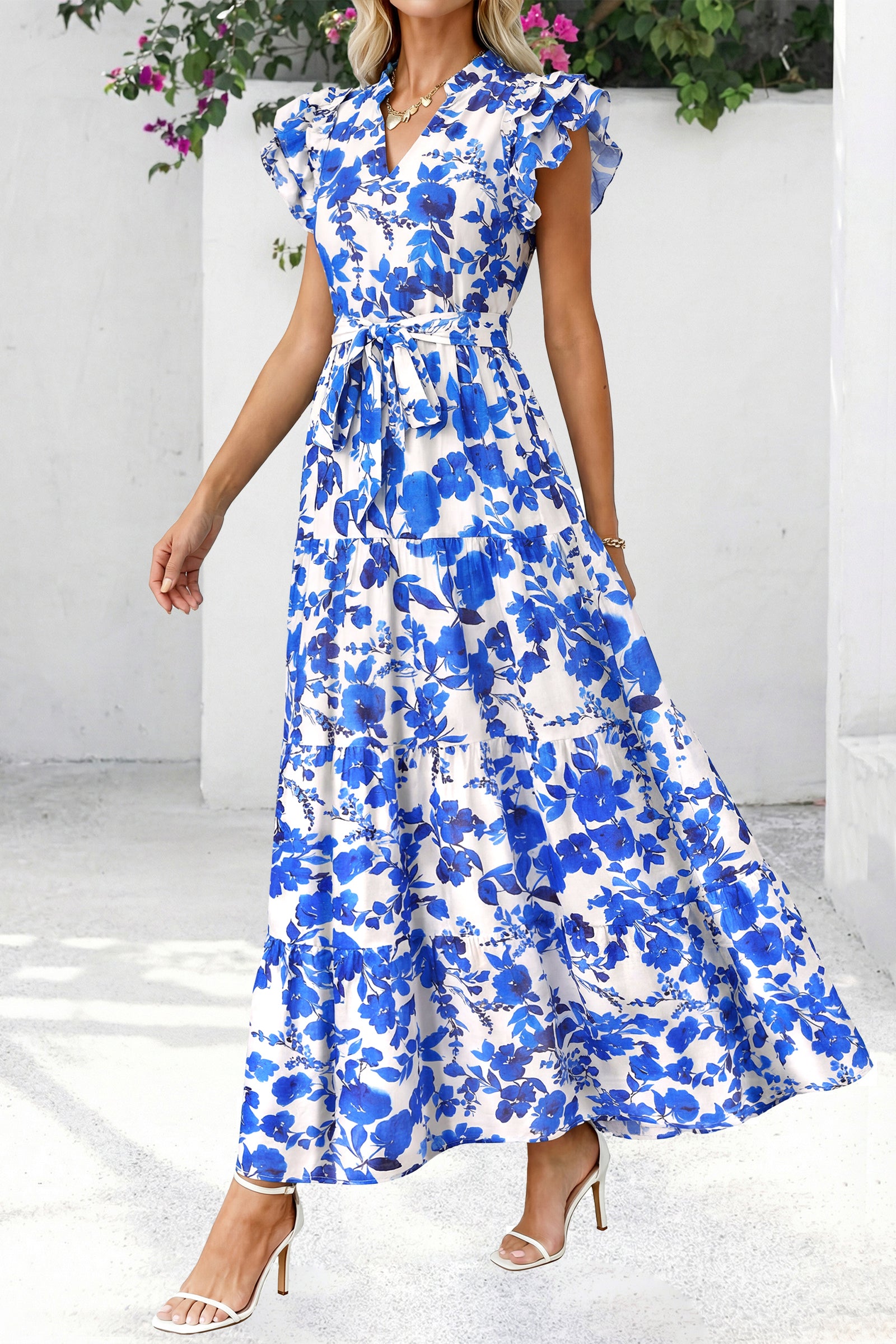 dowerme Women Summer Maxi Dresses 2026 Ruffle Sleeve V Neck Floral Boho Long Dress Belted Tiered Sundress With Pockets