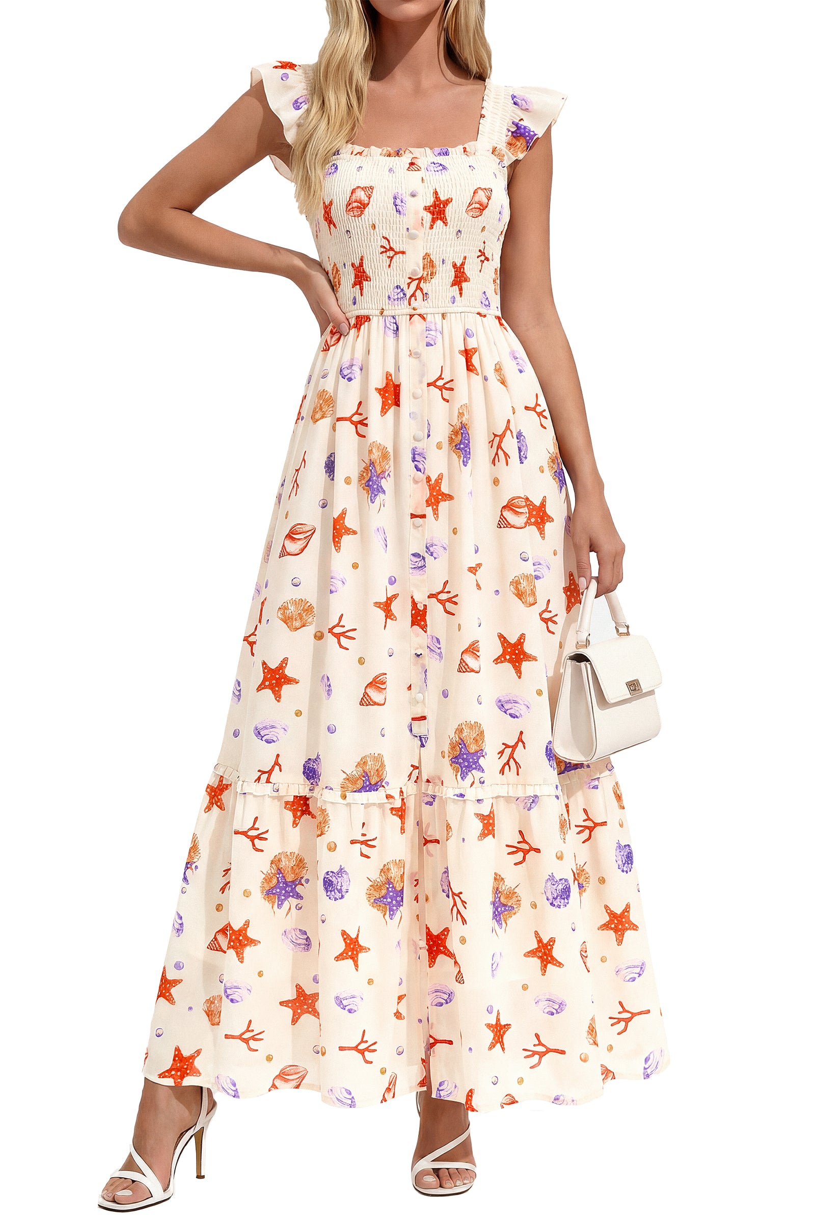 dowerme Womens Summer Maxi Dresses 2026 Casual Ruffle Sleeve Button Smocked Floral Slit Boho Dress Spring Beach Sundress