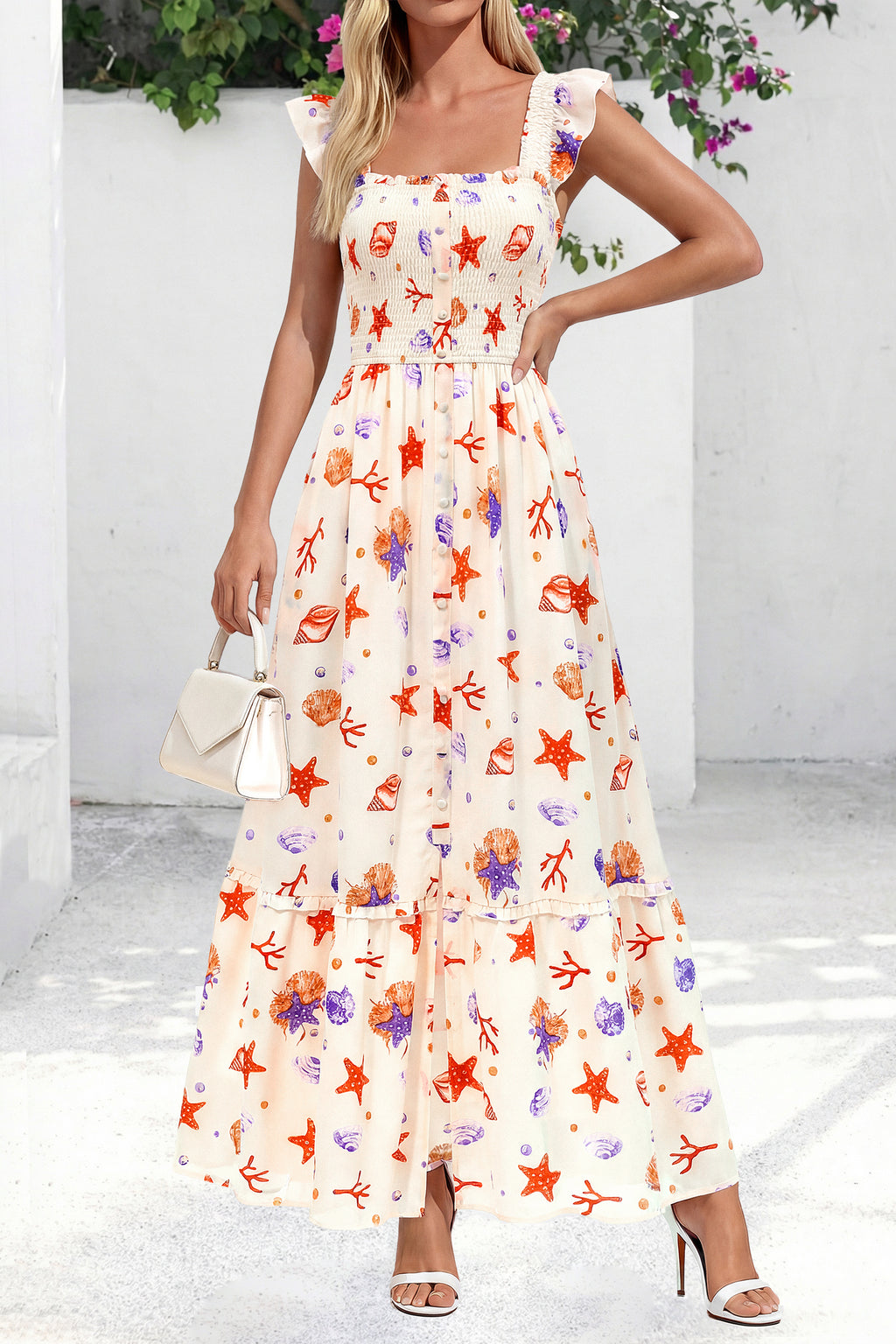 dowerme Womens Summer Maxi Dresses 2026 Casual Ruffle Sleeve Button Smocked Floral Slit Boho Dress Spring Beach Sundress