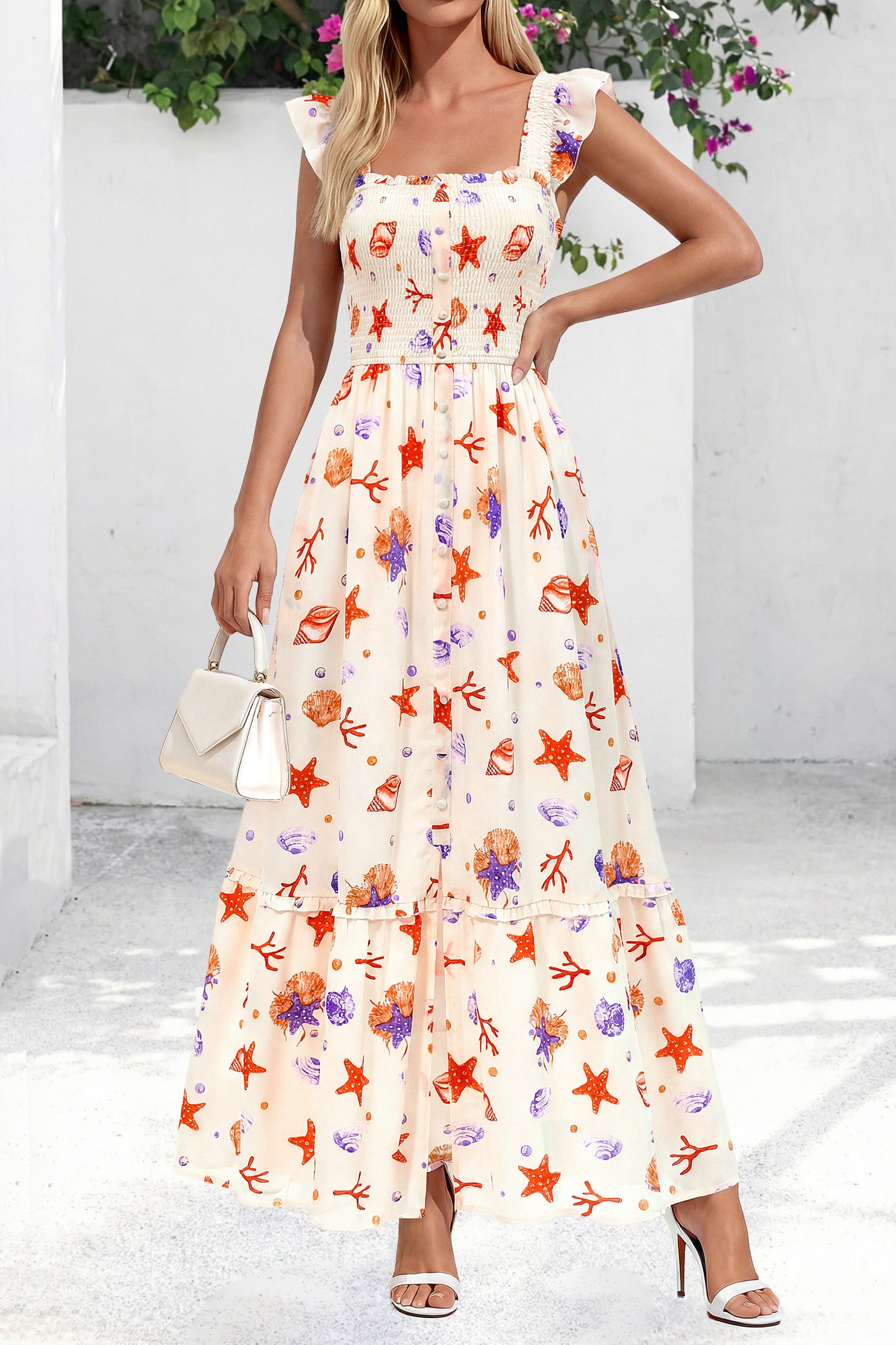 dowerme Womens Summer Maxi Dresses 2026 Casual Ruffle Sleeve Button Smocked Floral Slit Boho Dress Spring Beach Sundress