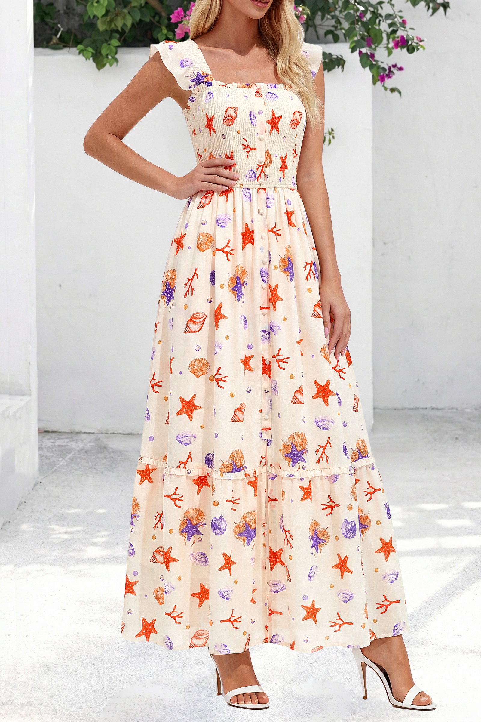 dowerme Womens Summer Maxi Dresses 2026 Casual Ruffle Sleeve Button Smocked Floral Slit Boho Dress Spring Beach Sundress