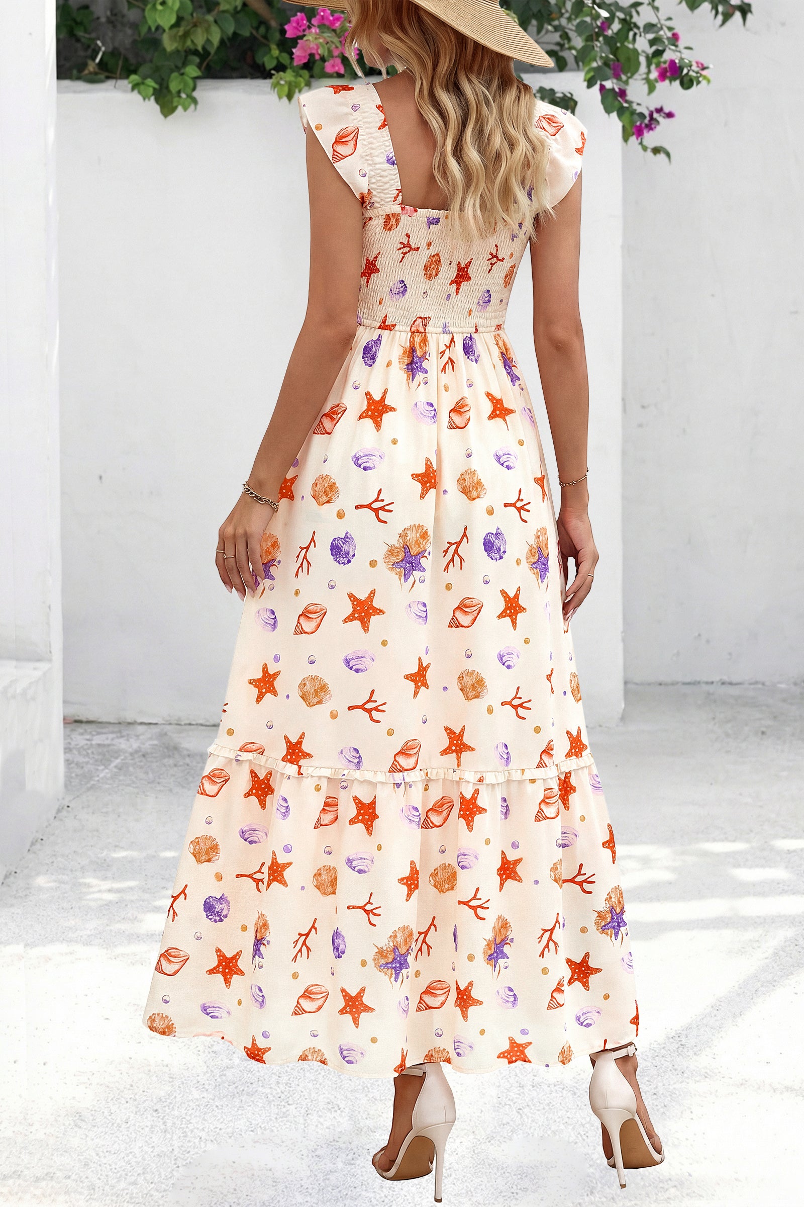 dowerme Womens Summer Maxi Dresses 2026 Casual Ruffle Sleeve Button Smocked Floral Slit Boho Dress Spring Beach Sundress