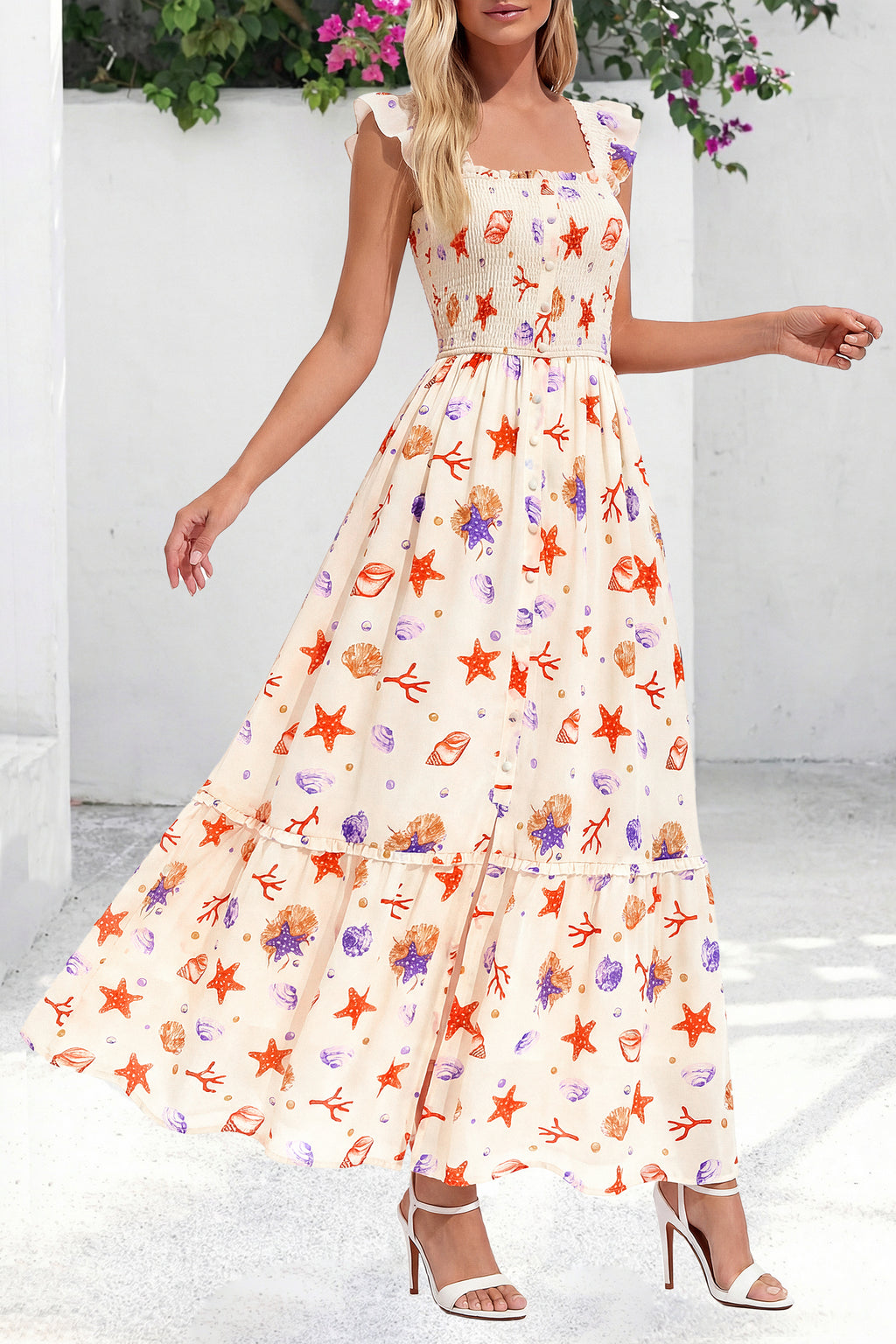 dowerme Womens Summer Maxi Dresses 2026 Casual Ruffle Sleeve Button Smocked Floral Slit Boho Dress Spring Beach Sundress