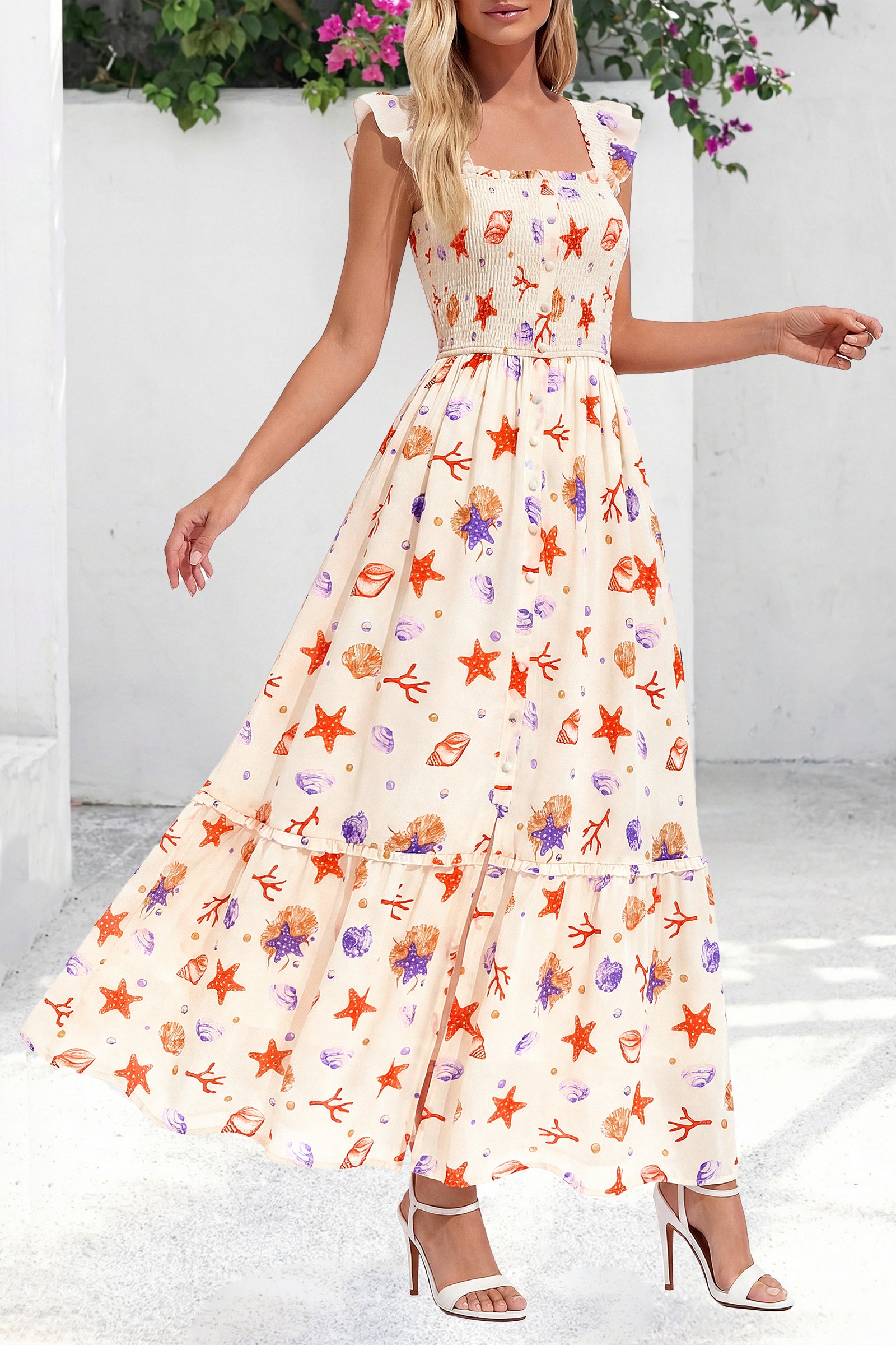 dowerme Womens Summer Maxi Dresses 2026 Casual Ruffle Sleeve Button Smocked Floral Slit Boho Dress Spring Beach Sundress