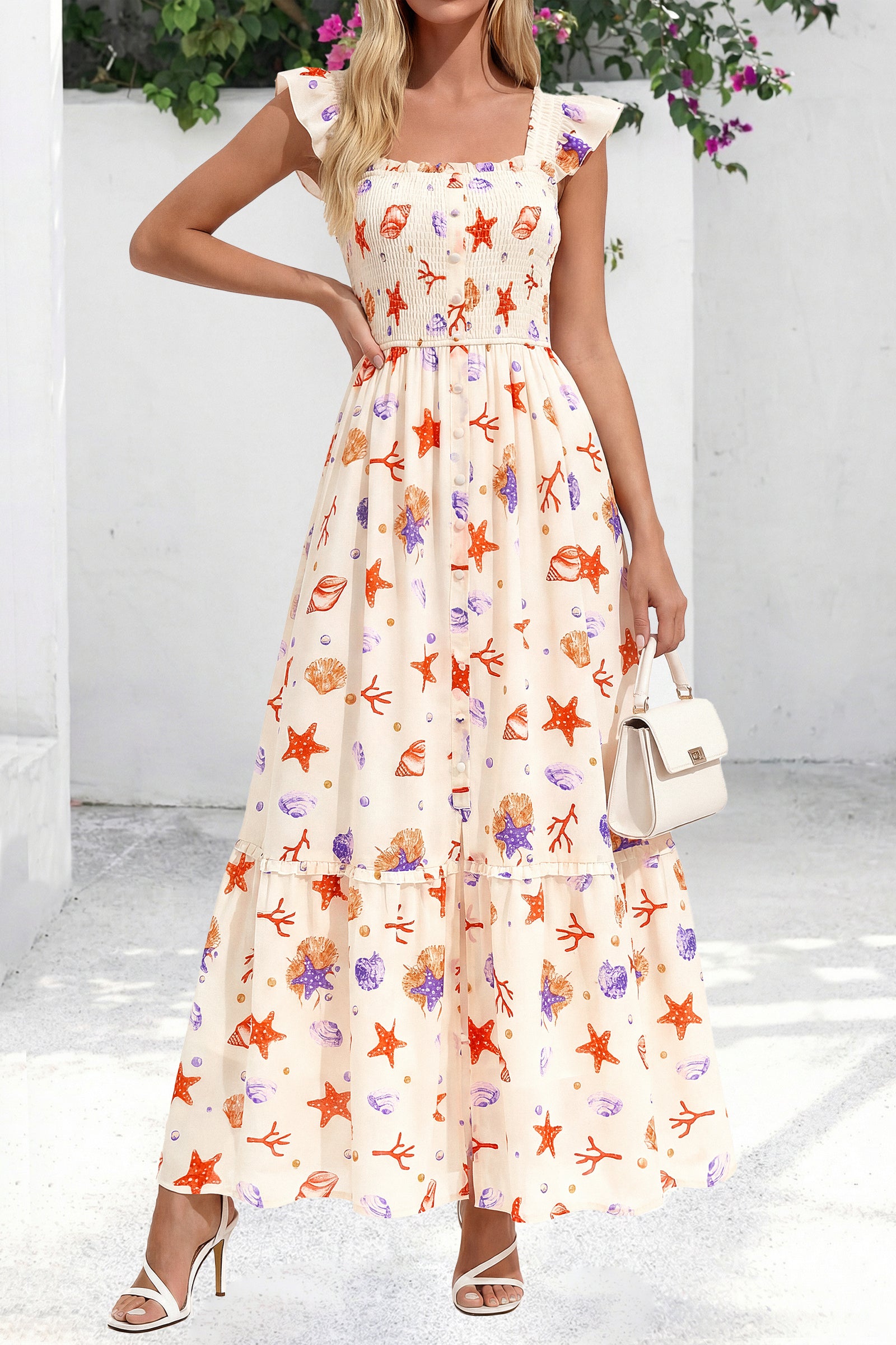 dowerme Womens Summer Maxi Dresses 2026 Casual Ruffle Sleeve Button Smocked Floral Slit Boho Dress Spring Beach Sundress