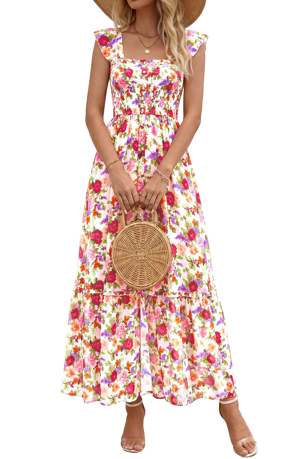 dowerme Womens Summer Maxi Dresses 2026 Casual Ruffle Sleeve Button Smocked Floral Slit Boho Dress Spring Beach Sundress