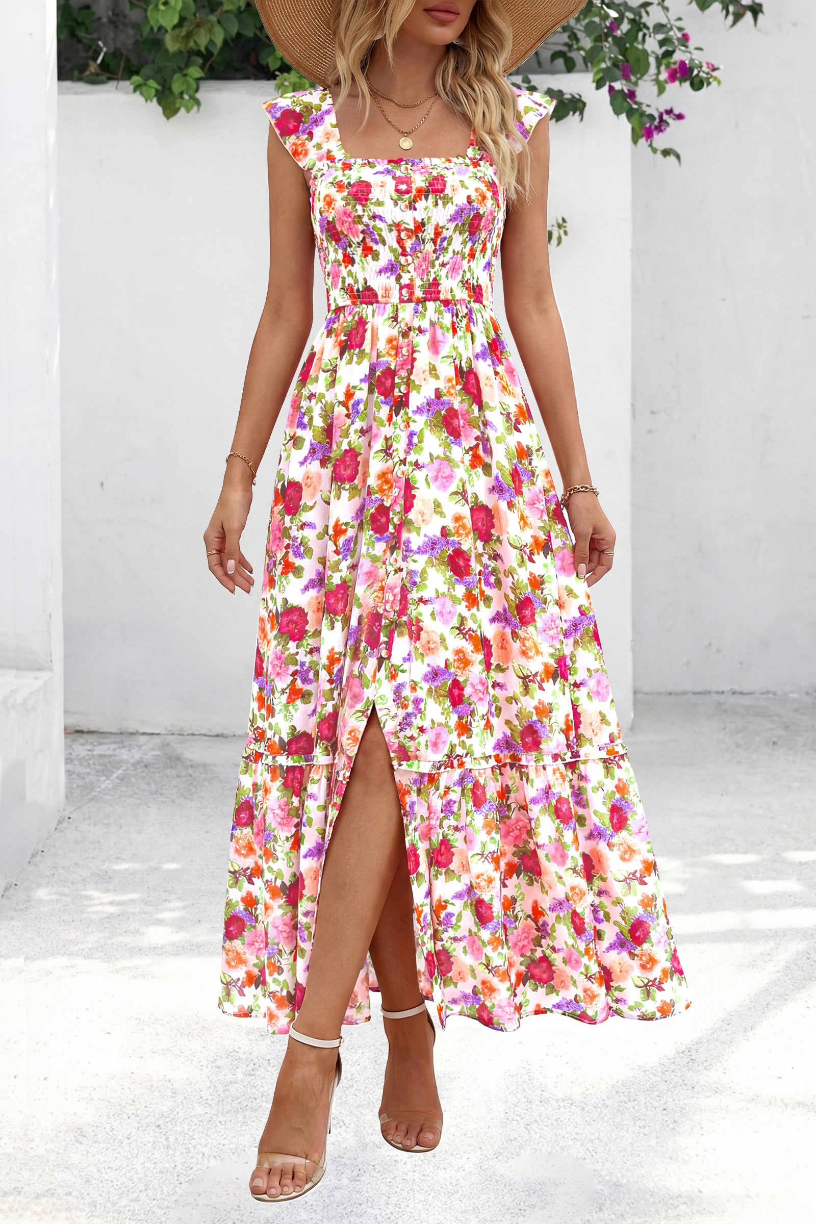 dowerme Womens Summer Maxi Dresses 2026 Casual Ruffle Sleeve Button Smocked Floral Slit Boho Dress Spring Beach Sundress