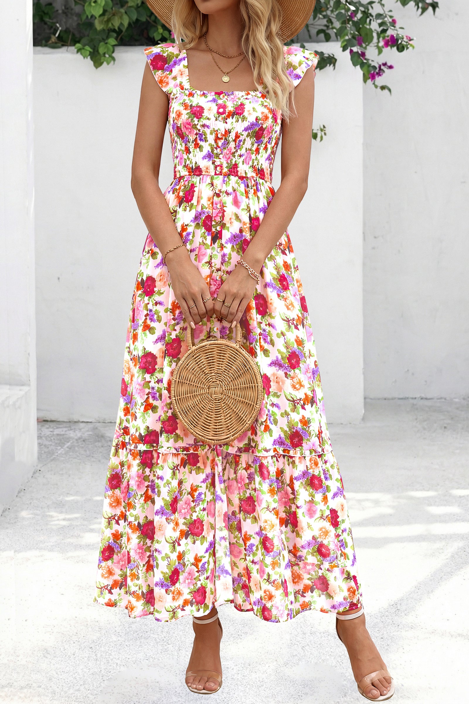 dowerme Womens Summer Maxi Dresses 2026 Casual Ruffle Sleeve Button Smocked Floral Slit Boho Dress Spring Beach Sundress