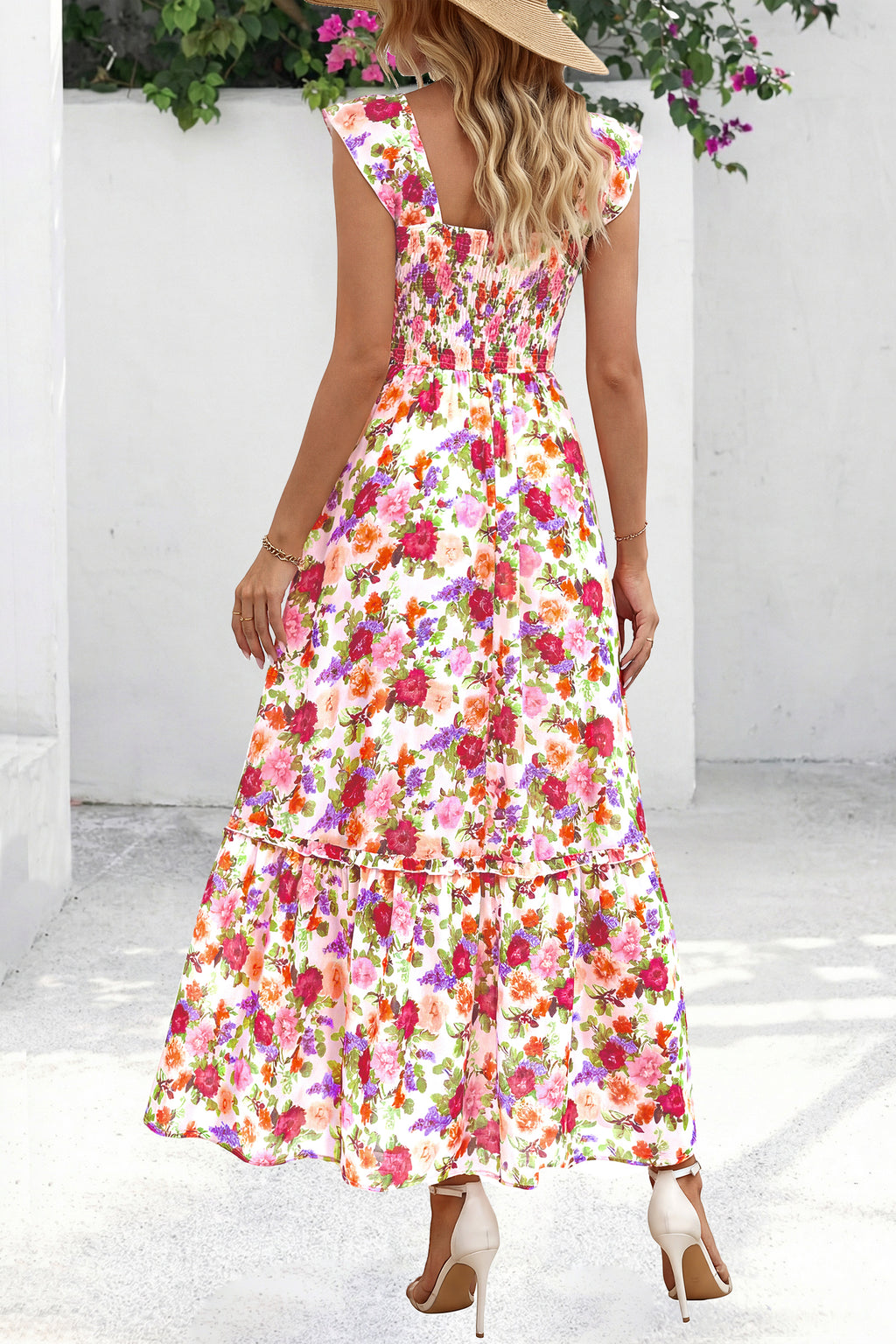 dowerme Womens Summer Maxi Dresses 2026 Casual Ruffle Sleeve Button Smocked Floral Slit Boho Dress Spring Beach Sundress