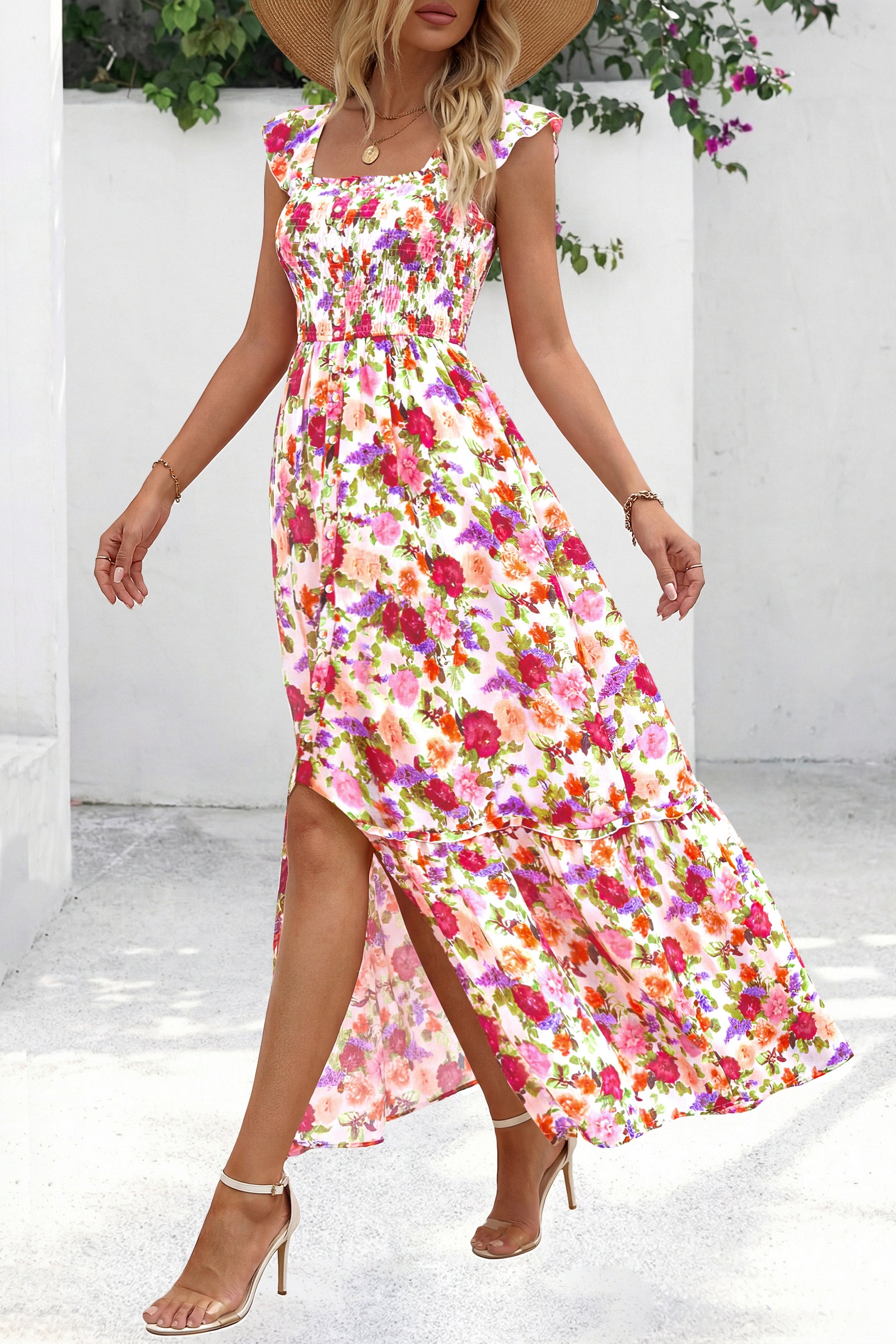 dowerme Womens Summer Maxi Dresses 2026 Casual Ruffle Sleeve Button Smocked Floral Slit Boho Dress Spring Beach Sundress