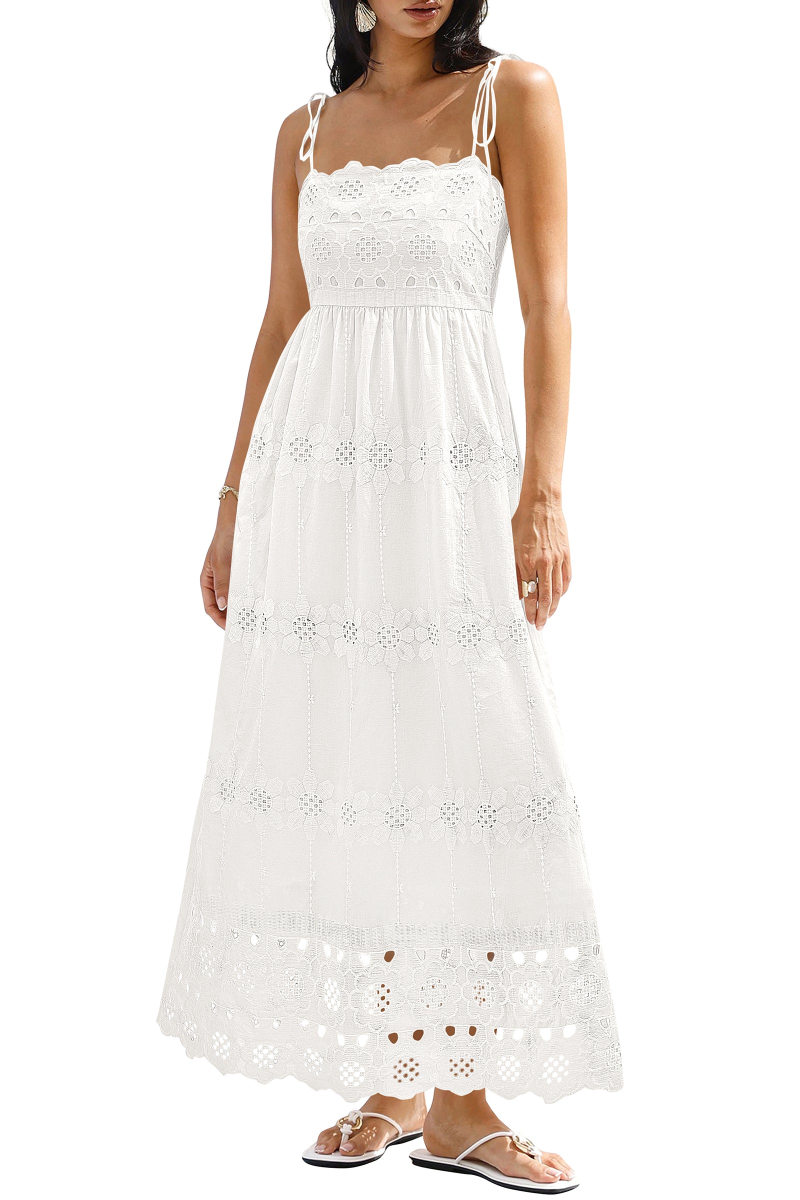 dowerme Womens Summer Maxi Dresses 2026 Casual Spaghetti Strap Smocked Eyelet Cotton Dress Long Beach Vacation Sundress