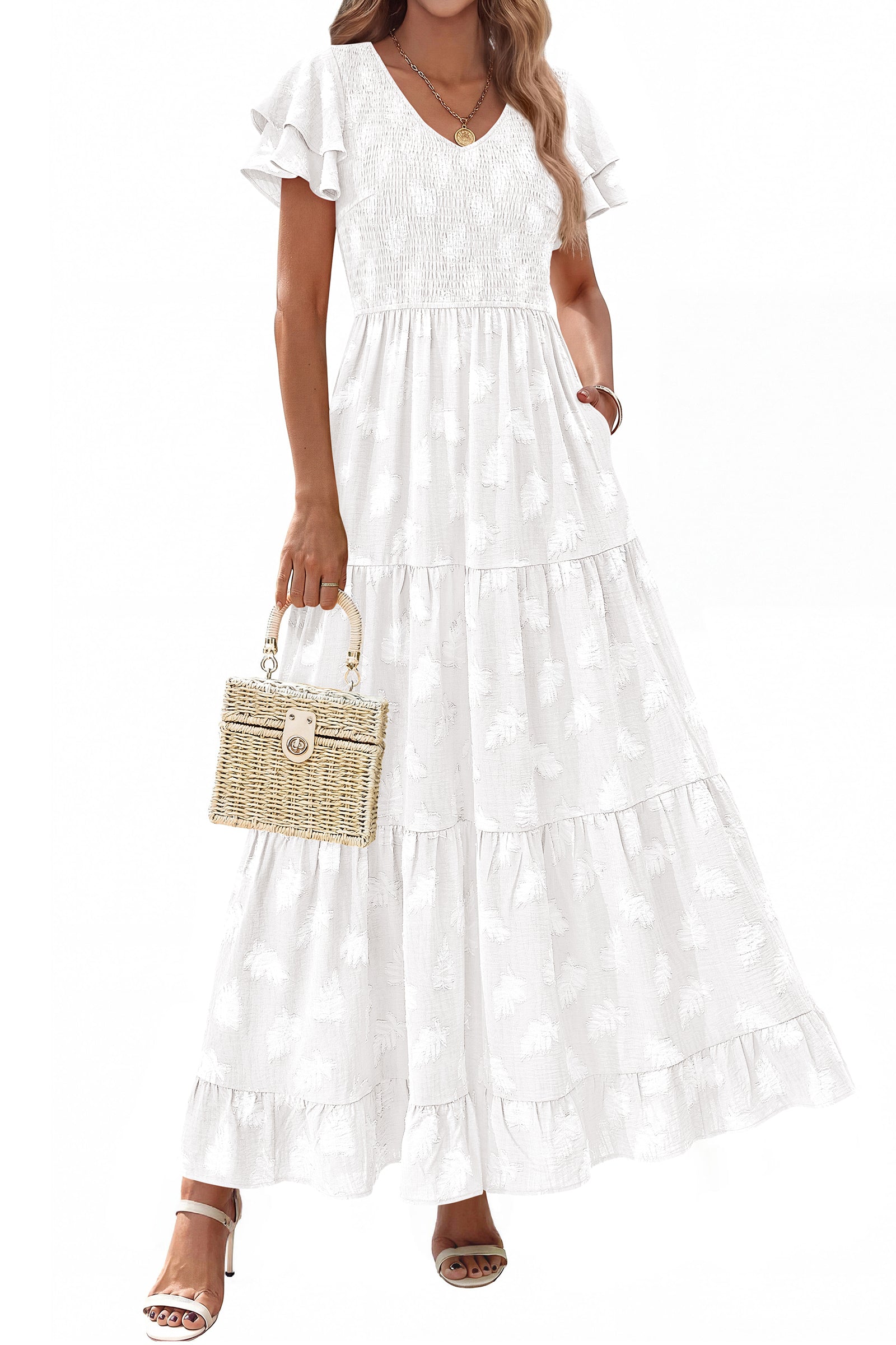 dowerme Maxi Dresses For Women 2026 Summer Ruffle Sleeve V Neck Smocked A Line Floral Boho Tiered Sundress Spring Outfit