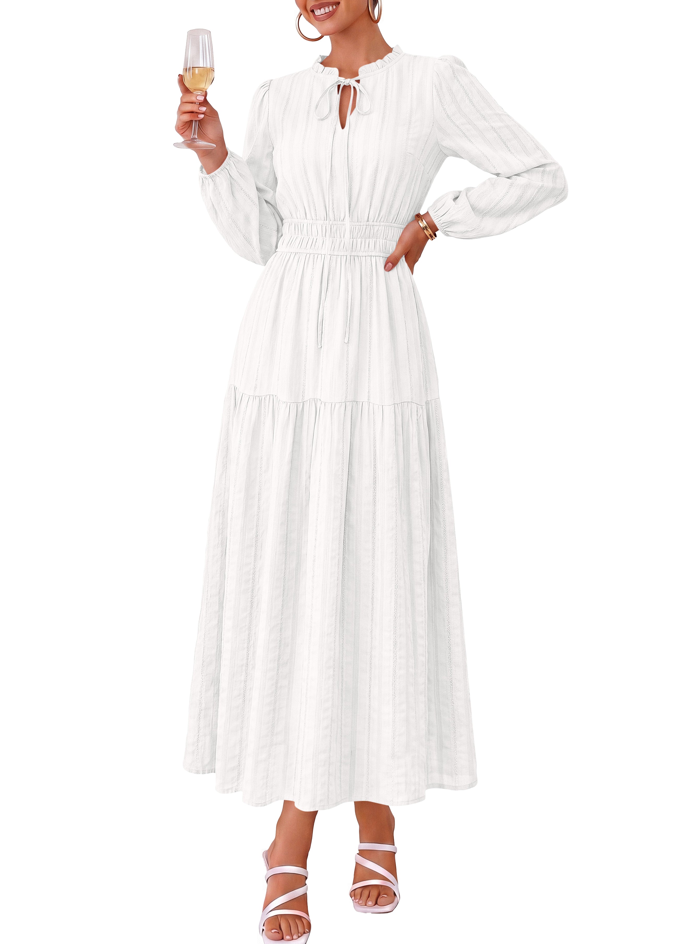 dowerme Women Fall Long Sleeve Dress 2026 Casual Ruffle V Neck Tie Front Elastic Waist Maxi Cotton Wedding Guest Dresses