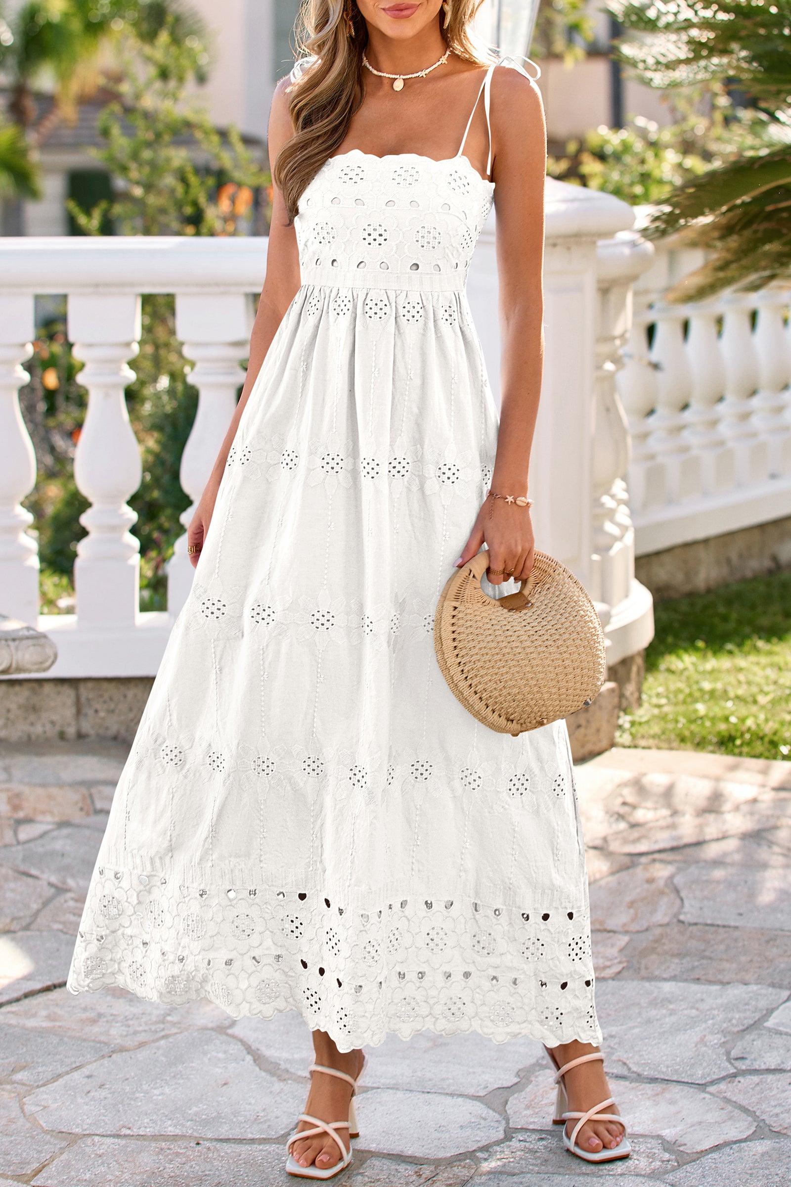 dowerme Womens Summer Maxi Dresses 2026 Casual Spaghetti Strap Smocked Eyelet Cotton Dress Long Beach Vacation Sundress