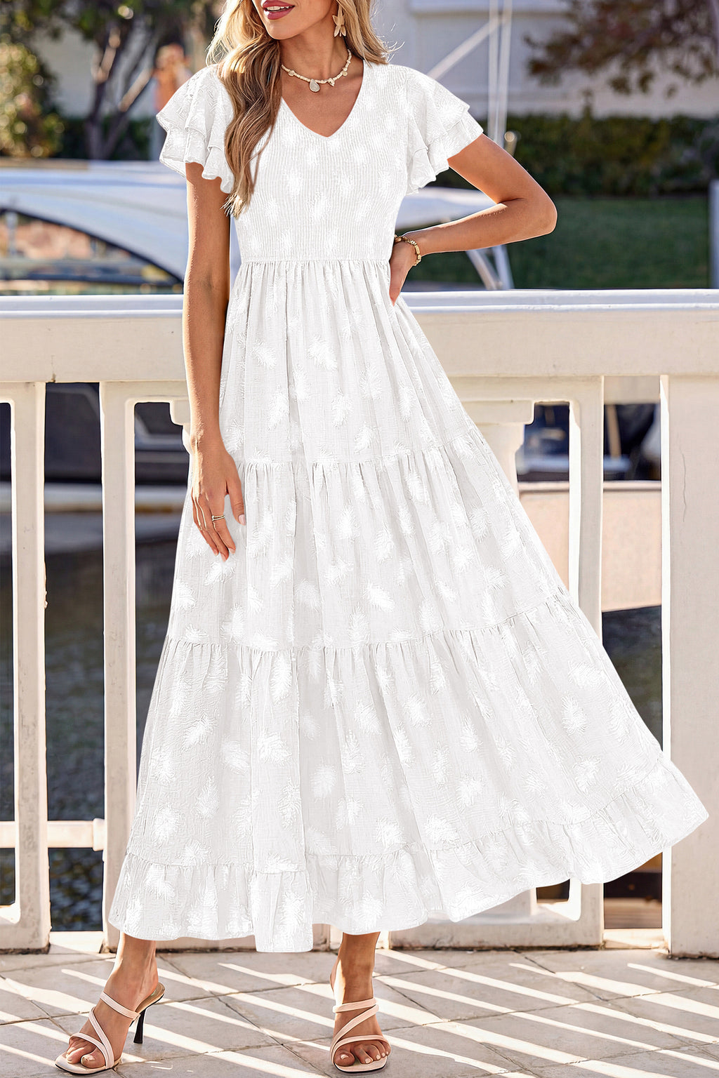 dowerme Maxi Dresses For Women 2026 Summer Ruffle Sleeve V Neck Smocked A Line Floral Boho Tiered Sundress Spring Outfit