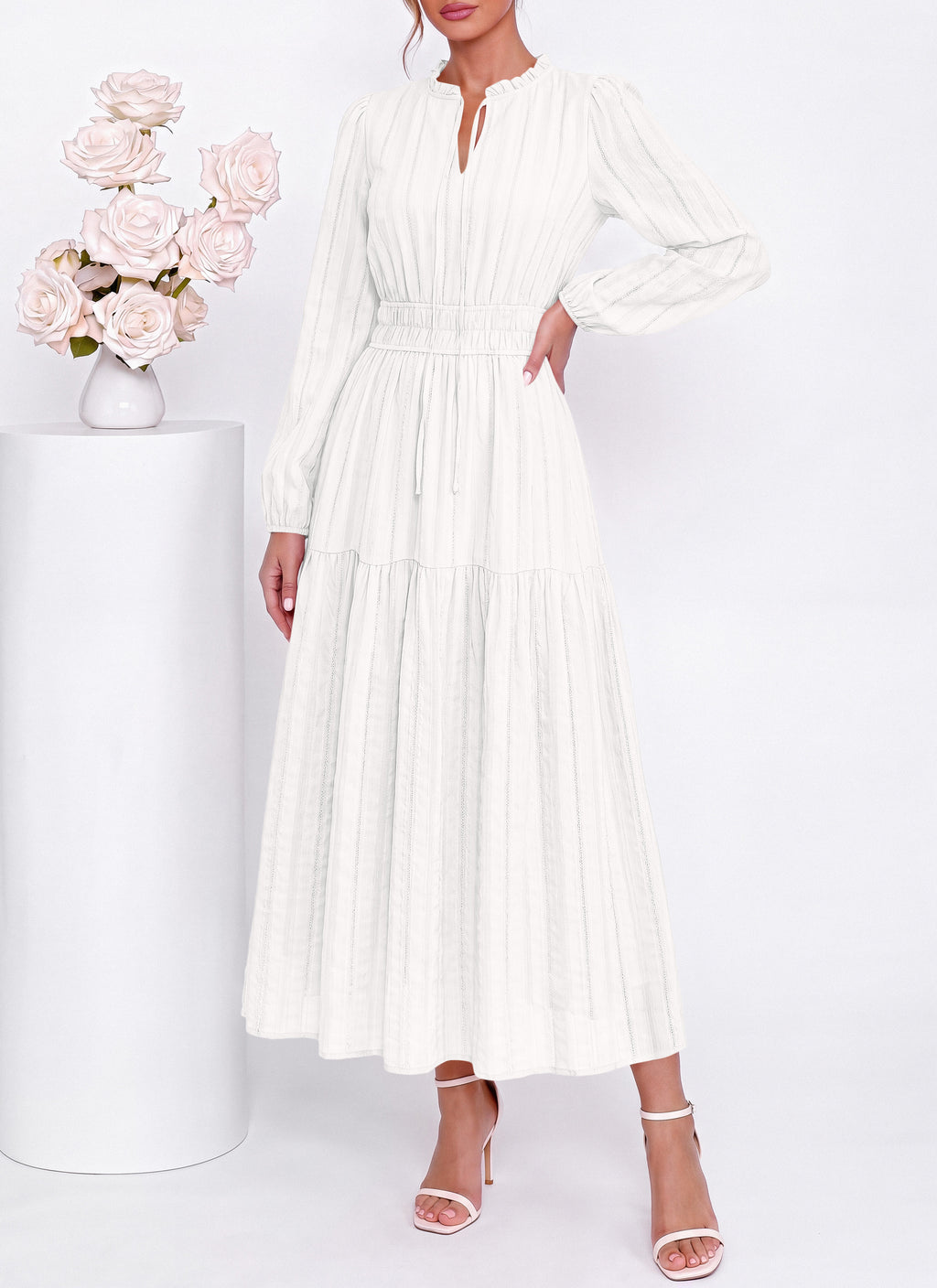 dowerme Women Fall Long Sleeve Dress 2026 Casual Ruffle V Neck Tie Front Elastic Waist Maxi Cotton Wedding Guest Dresses