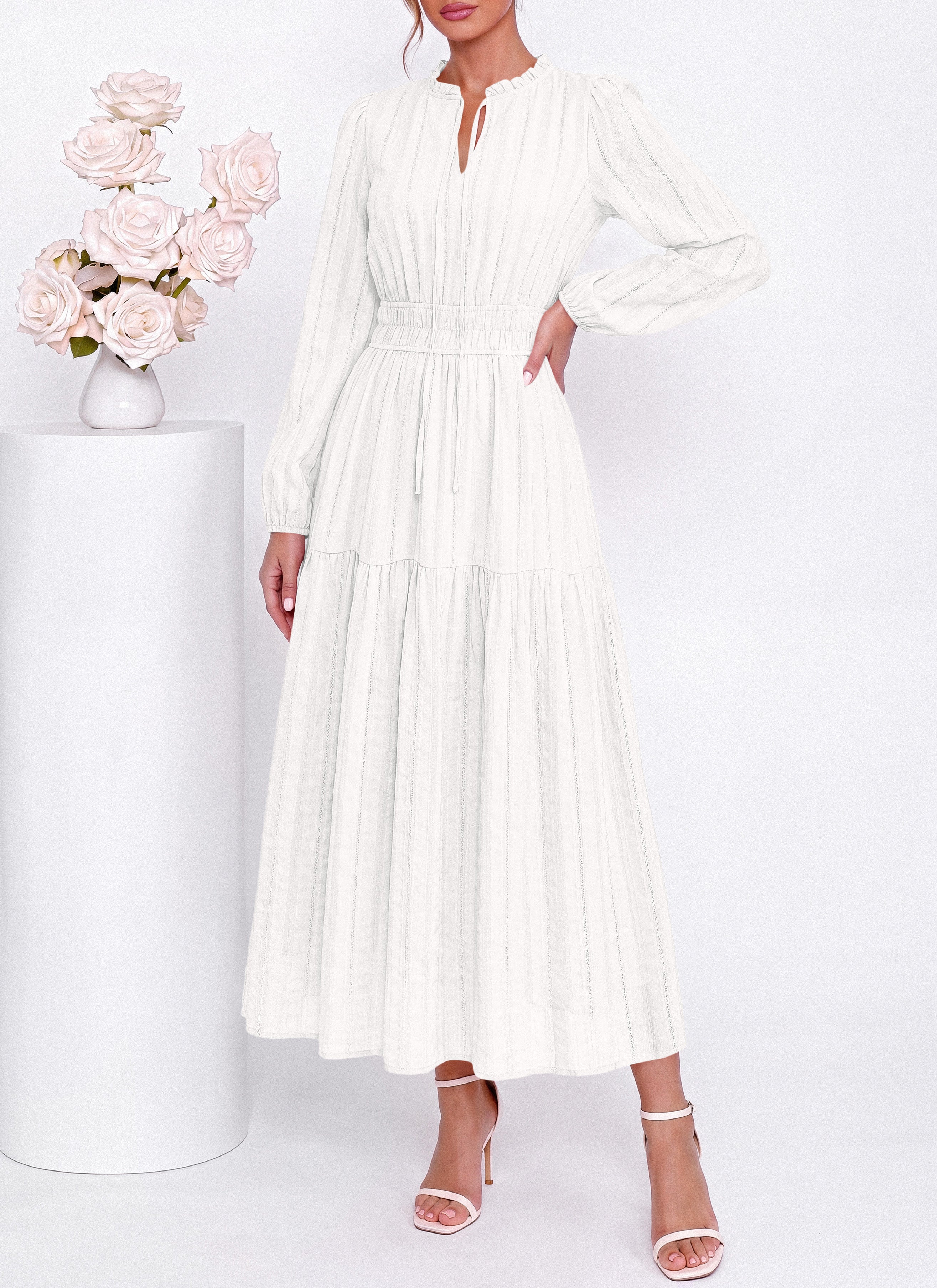 dowerme Women Fall Long Sleeve Dress 2026 Casual Ruffle V Neck Tie Front Elastic Waist Maxi Cotton Wedding Guest Dresses