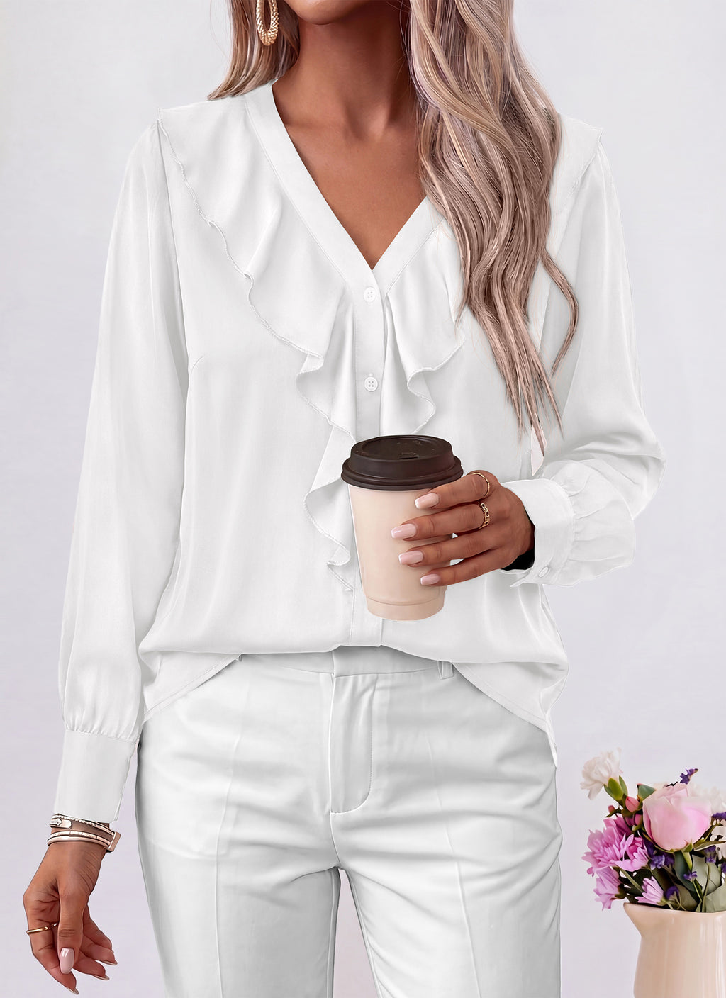 dowerme Womens Long Sleeve Tops Satin Ruffle Button Shirts