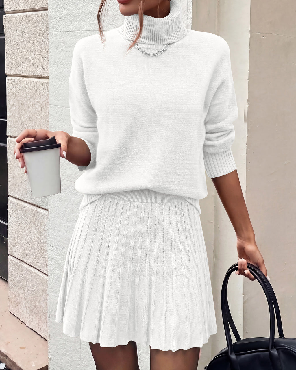 dowerme 2 Piece Sets For Women 2026 Fall Turtleneck Sweater Pleated Mini Skirt Set Cute Winter Clothing Vacation Outfits