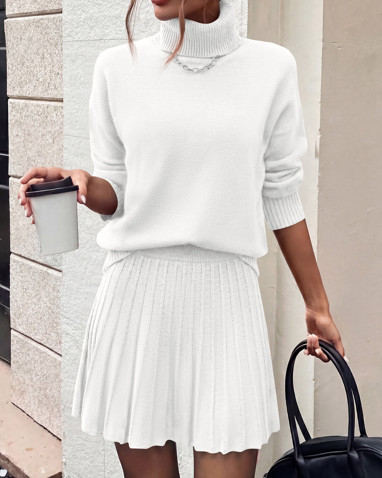dowerme 2 Piece Sets For Women 2026 Fall Turtleneck Sweater Pleated Mini Skirt Set Cute Winter Clothing Vacation Outfits