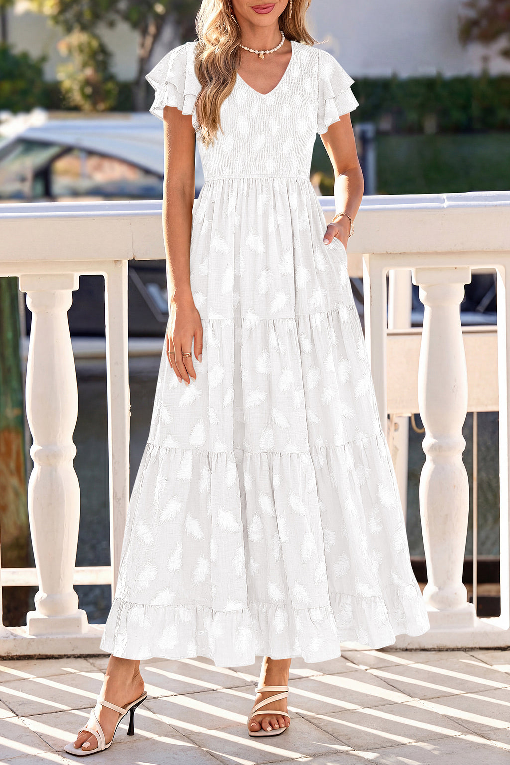 dowerme Maxi Dresses For Women 2026 Summer Ruffle Sleeve V Neck Smocked A Line Floral Boho Tiered Sundress Spring Outfit