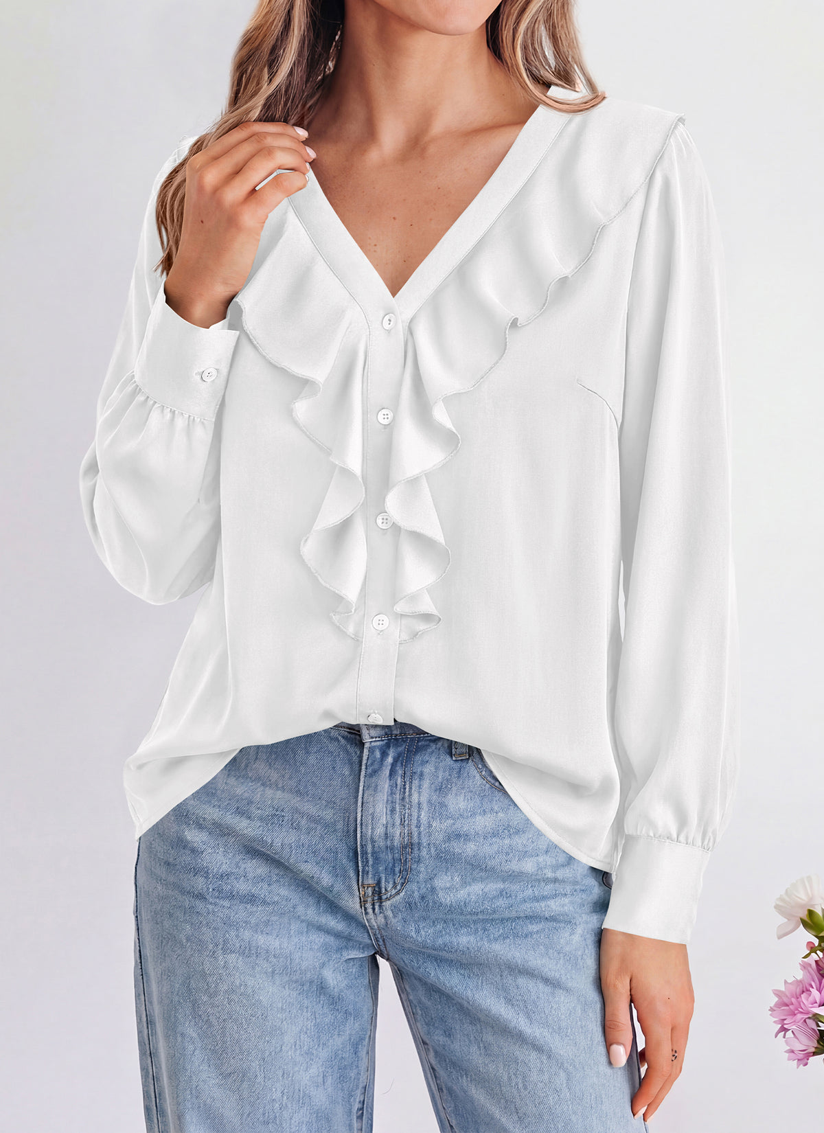 dowerme Womens Long Sleeve Tops Satin Ruffle Button Shirts