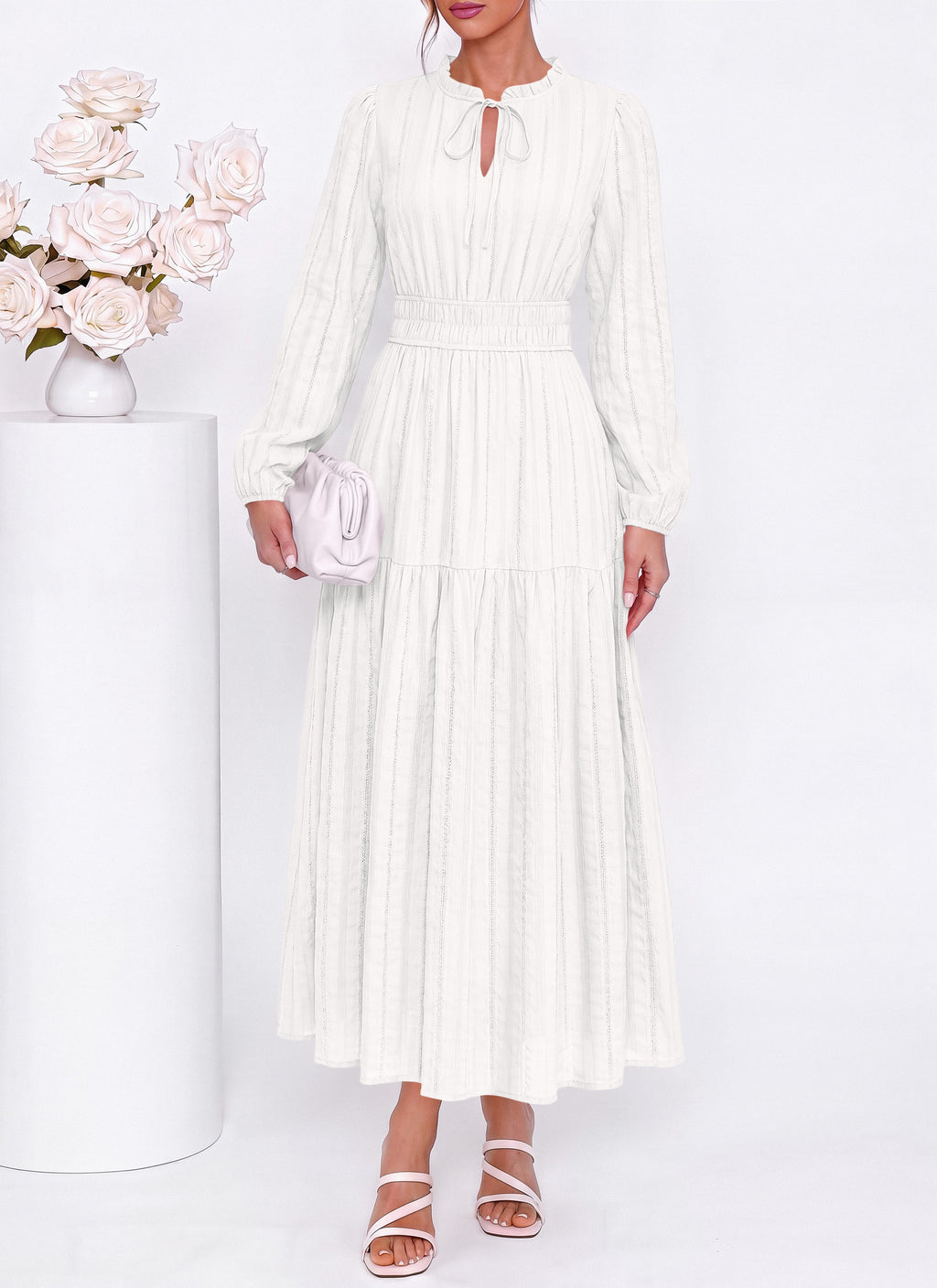 dowerme Women Fall Long Sleeve Dress 2026 Casual Ruffle V Neck Tie Front Elastic Waist Maxi Cotton Wedding Guest Dresses