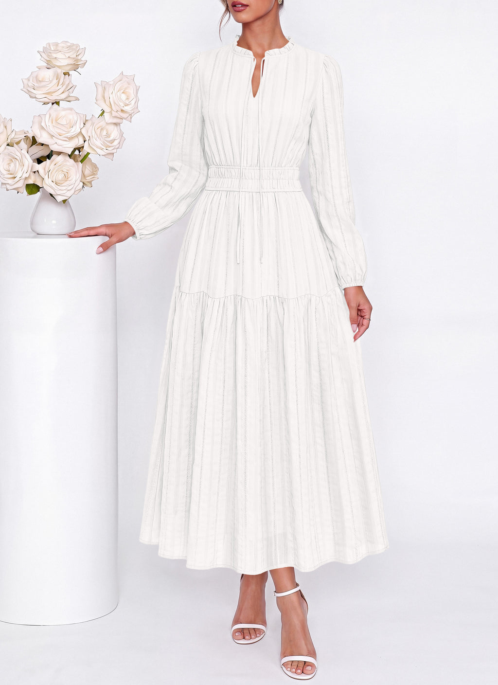 dowerme Women Fall Long Sleeve Dress 2026 Casual Ruffle V Neck Tie Front Elastic Waist Maxi Cotton Wedding Guest Dresses