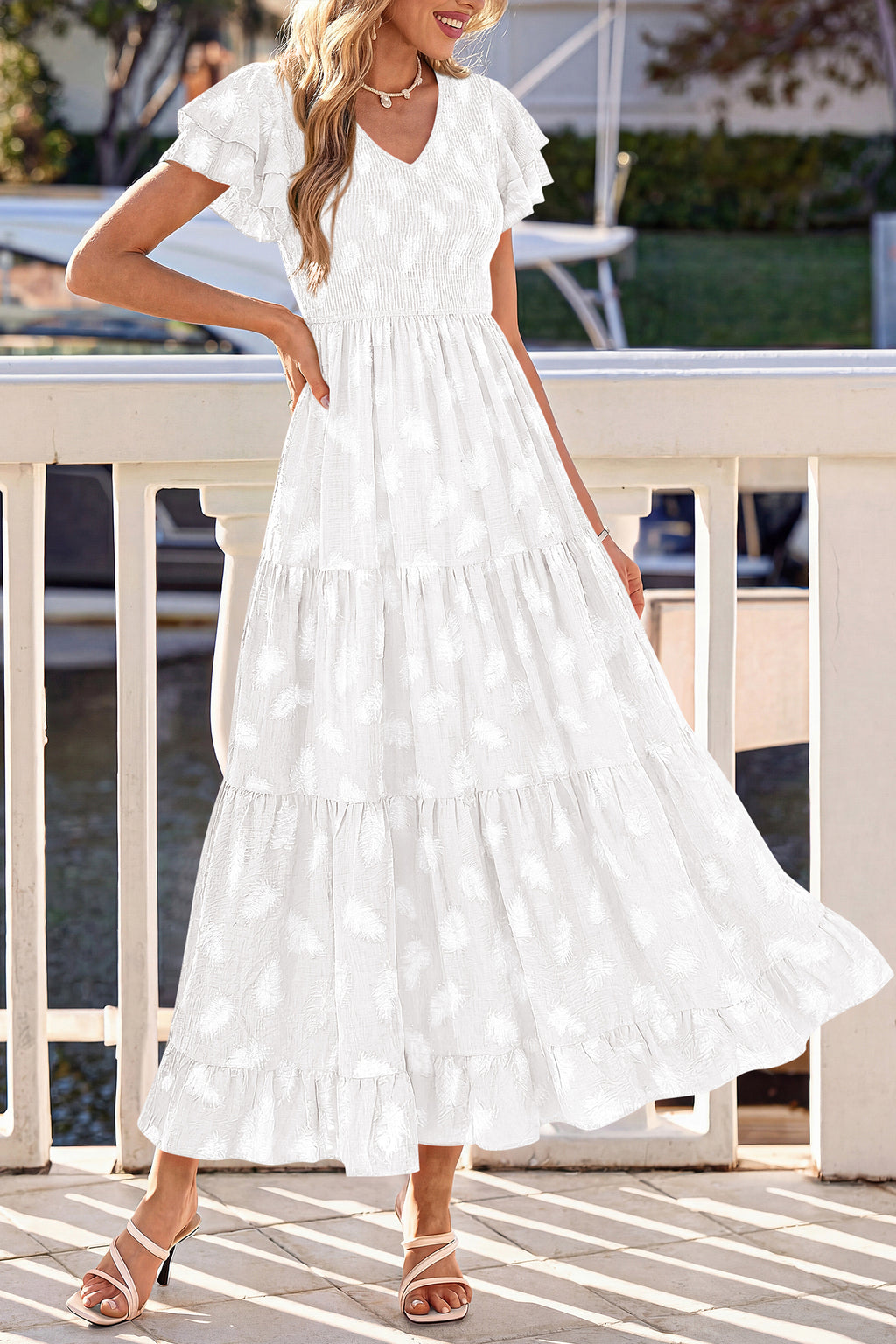 dowerme Maxi Dresses For Women 2026 Summer Ruffle Sleeve V Neck Smocked A Line Floral Boho Tiered Sundress Spring Outfit