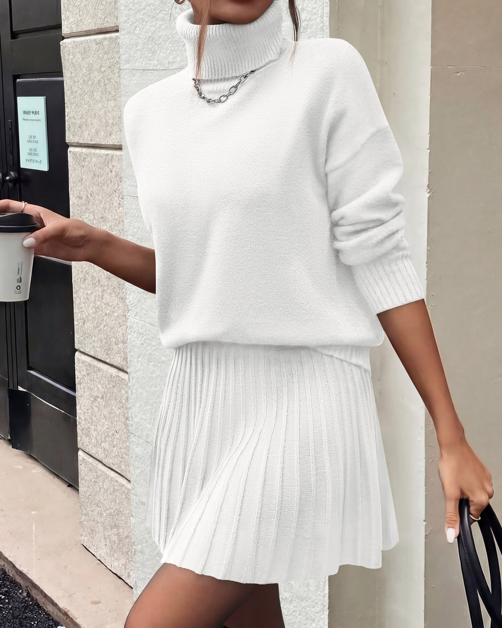 dowerme 2 Piece Sets For Women 2026 Fall Turtleneck Sweater Pleated Mini Skirt Set Cute Winter Clothing Vacation Outfits